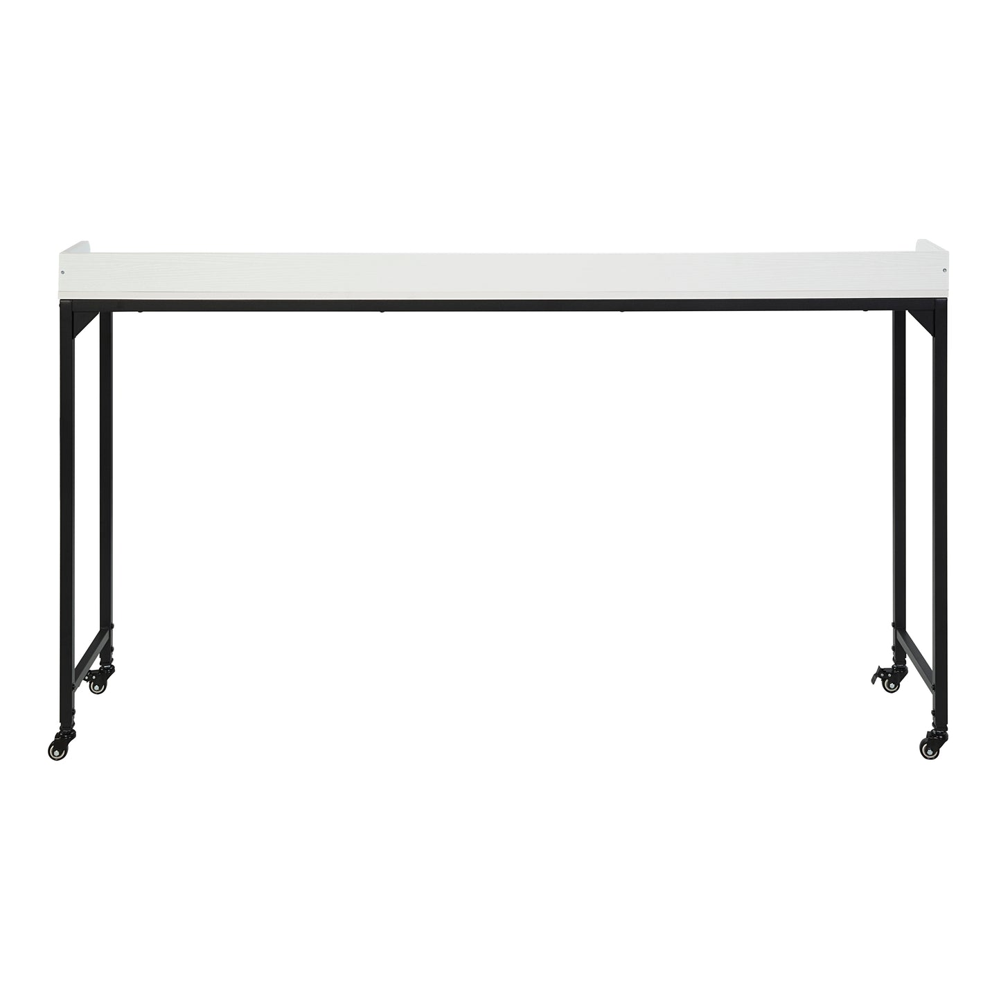 White rectangular desk with black metal legs and casters