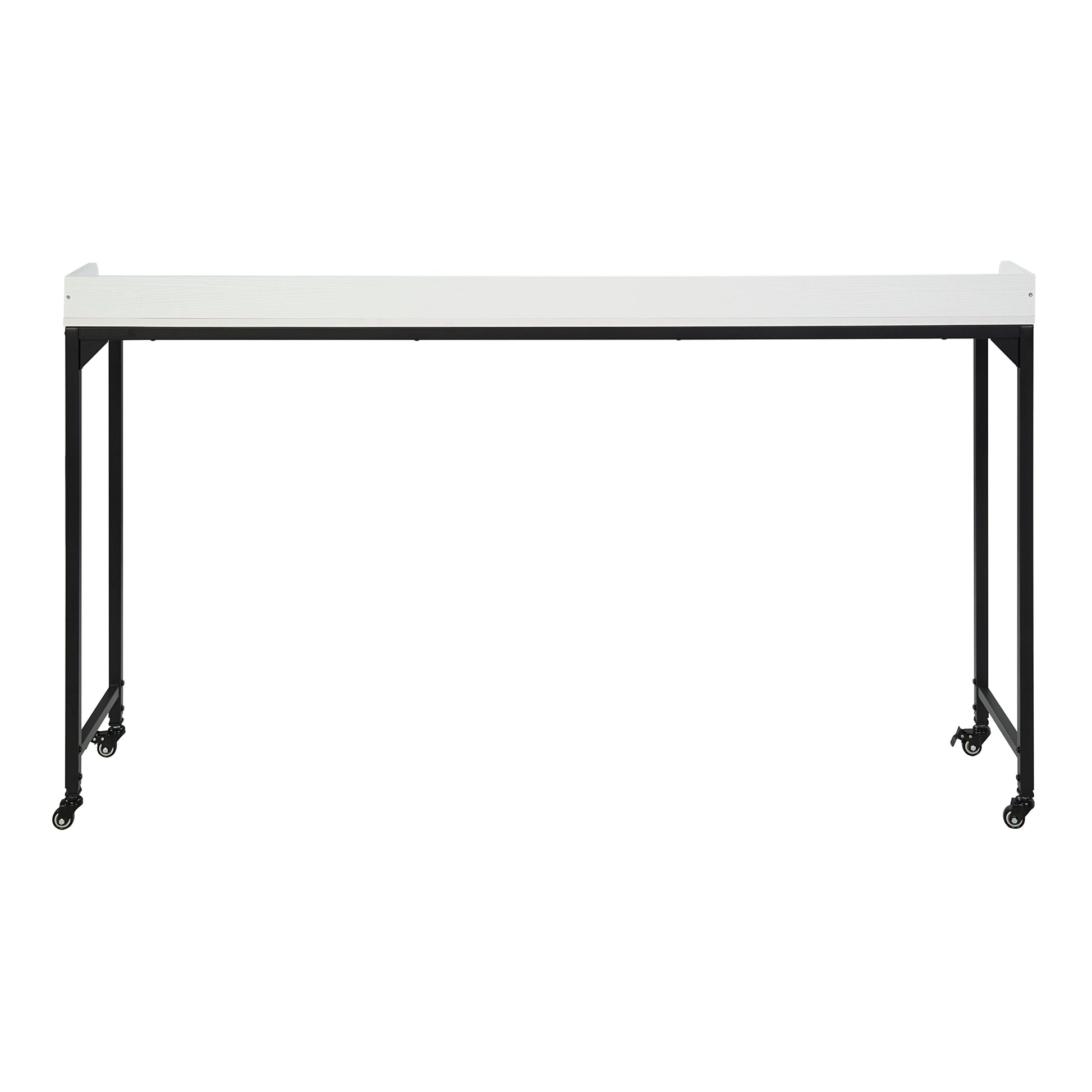 White rectangular desk with black metal legs and casters