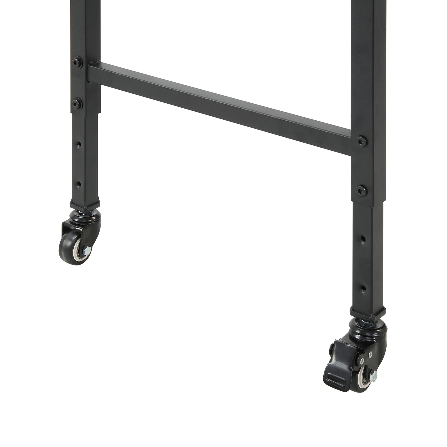 Black metal desk frame with lockable casters for easy mobility