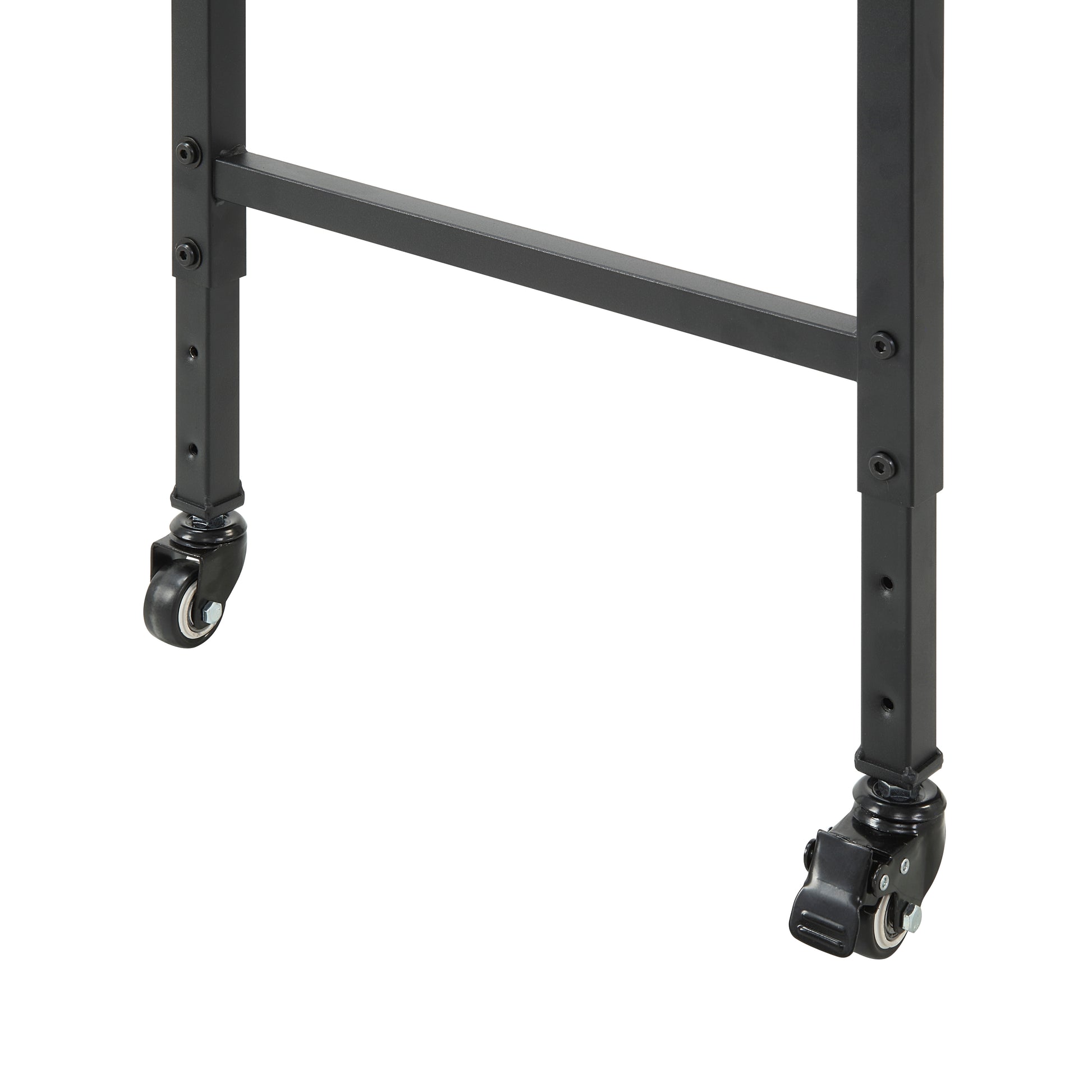 Black metal desk frame with lockable casters for easy mobility