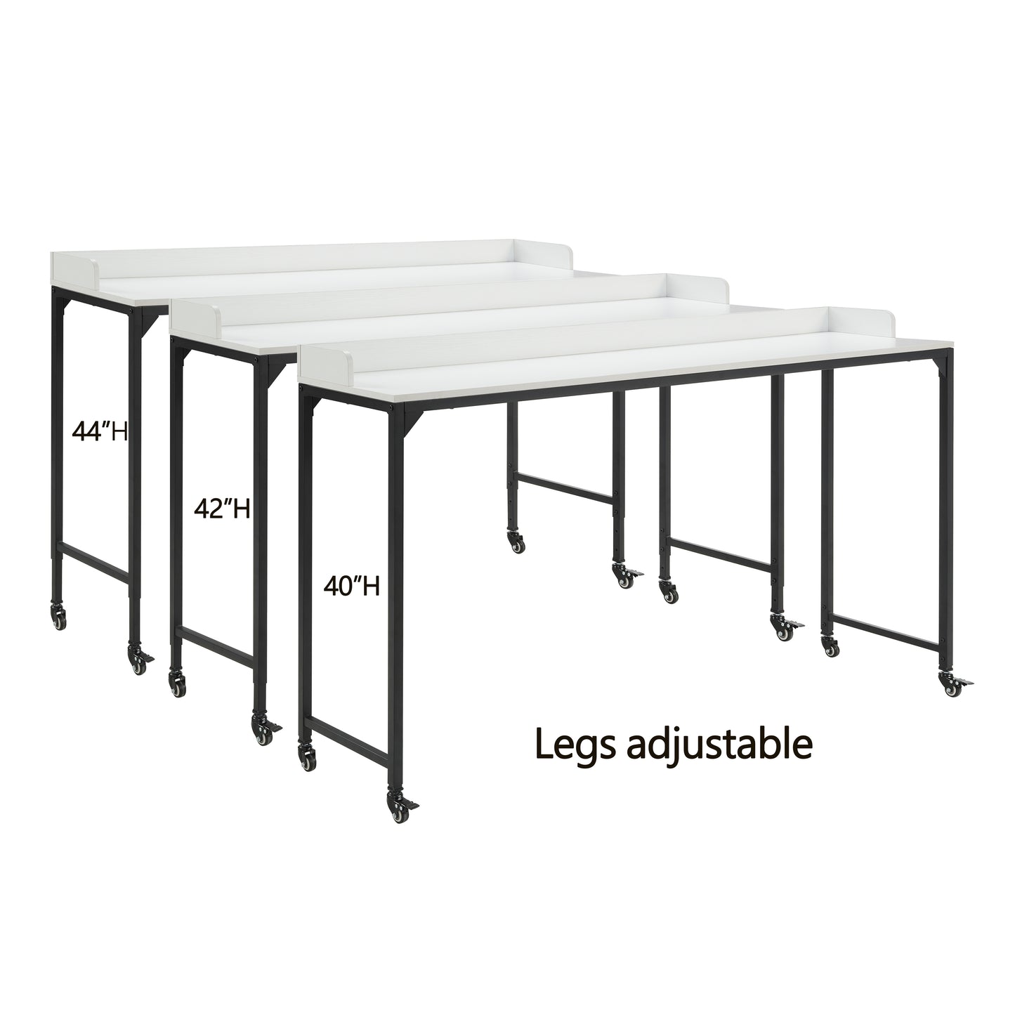 Three white tiered utility tables on wheels showing heights   and
