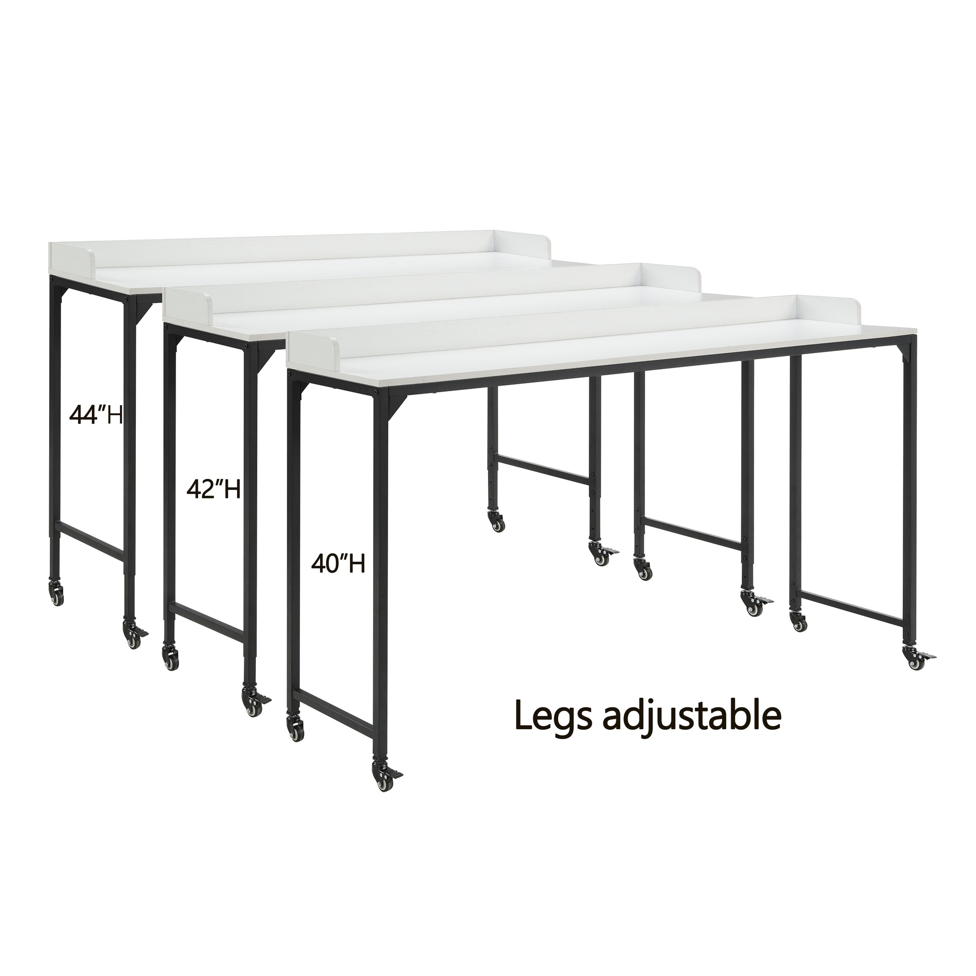 Three white tiered utility tables on wheels showing heights   and