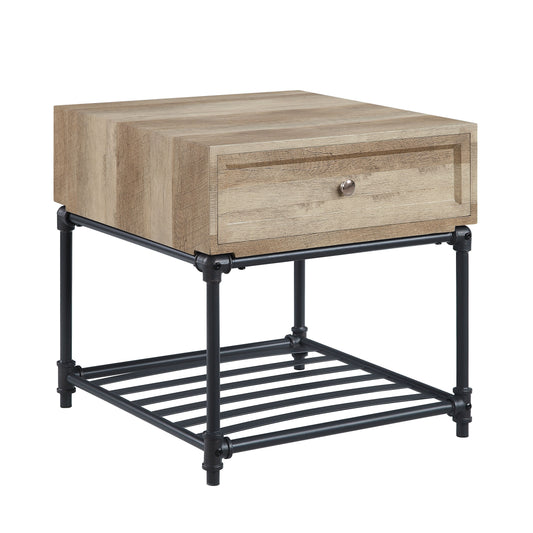 Rustic oak end table with one drawer and metal pipe legs ideal for industrial decor