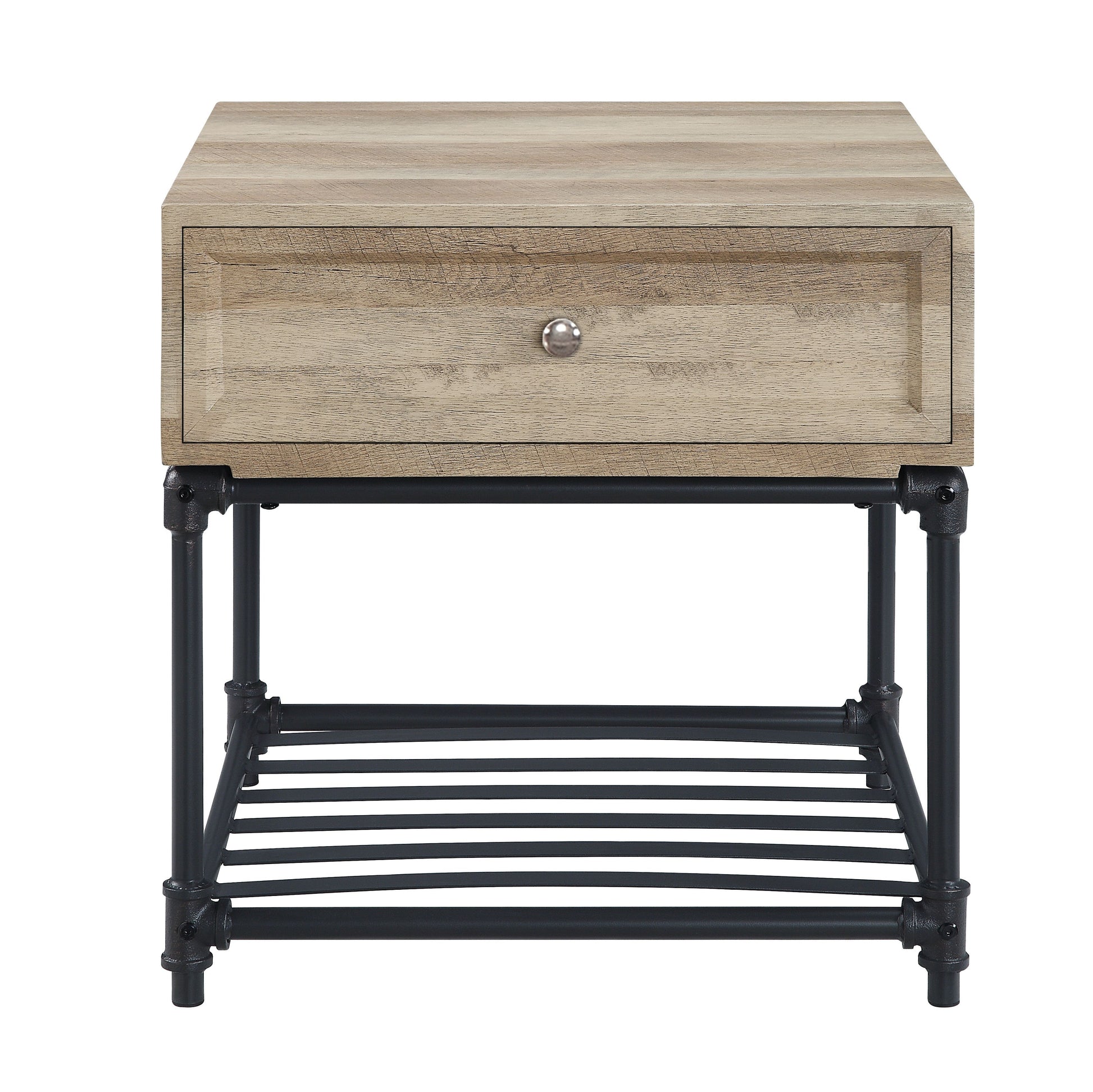 Rustic oak veneer nightstand with a single drawer and metal pipe legs