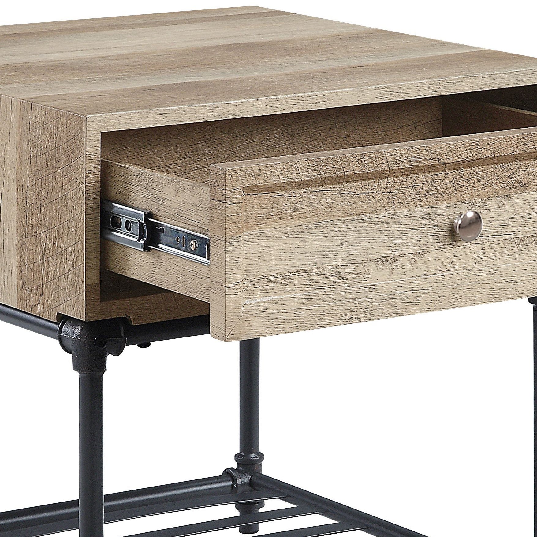 Rustic oak veneer end table with one open drawer and silver knob