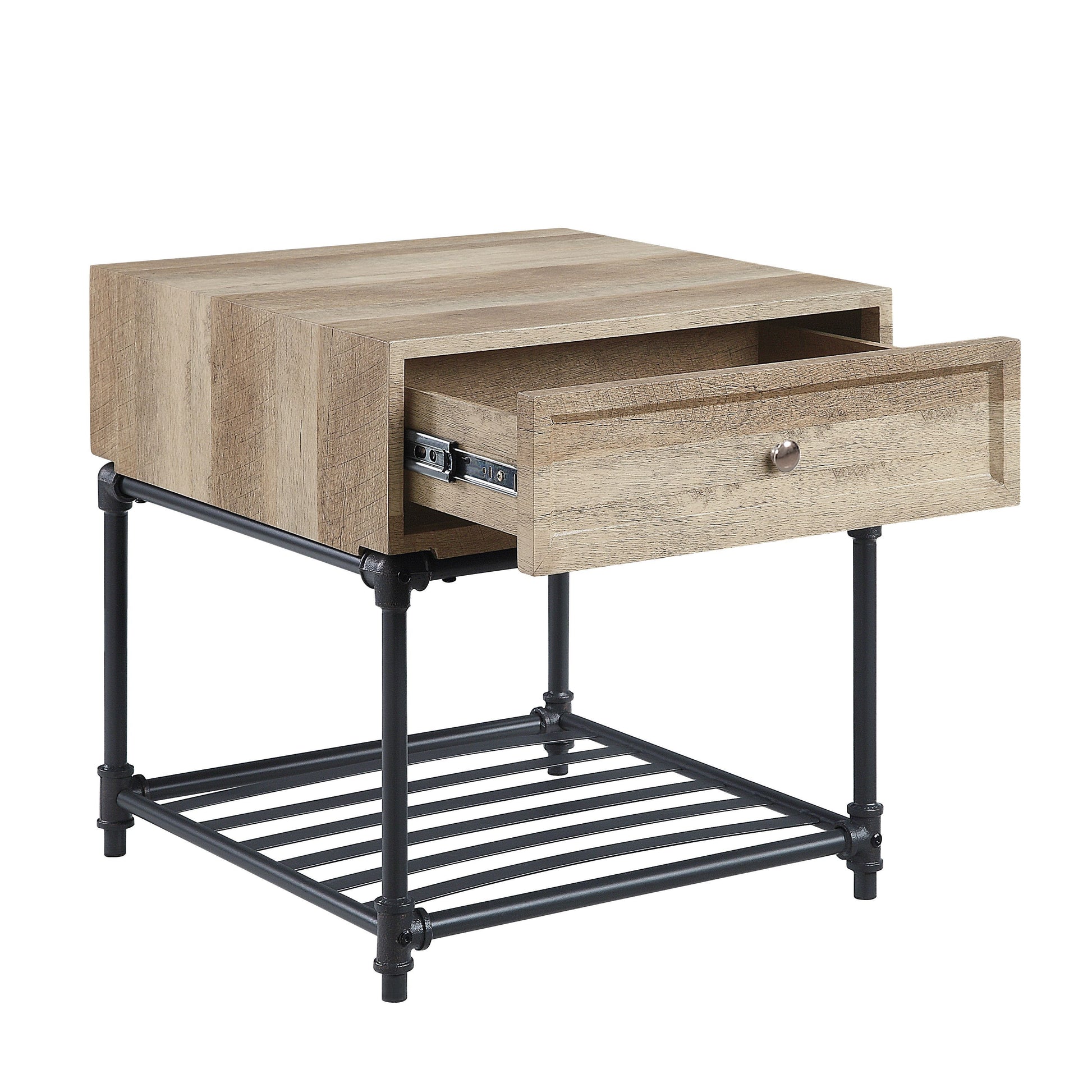Rustic oak veneer end table with one open drawer and black pipe legs