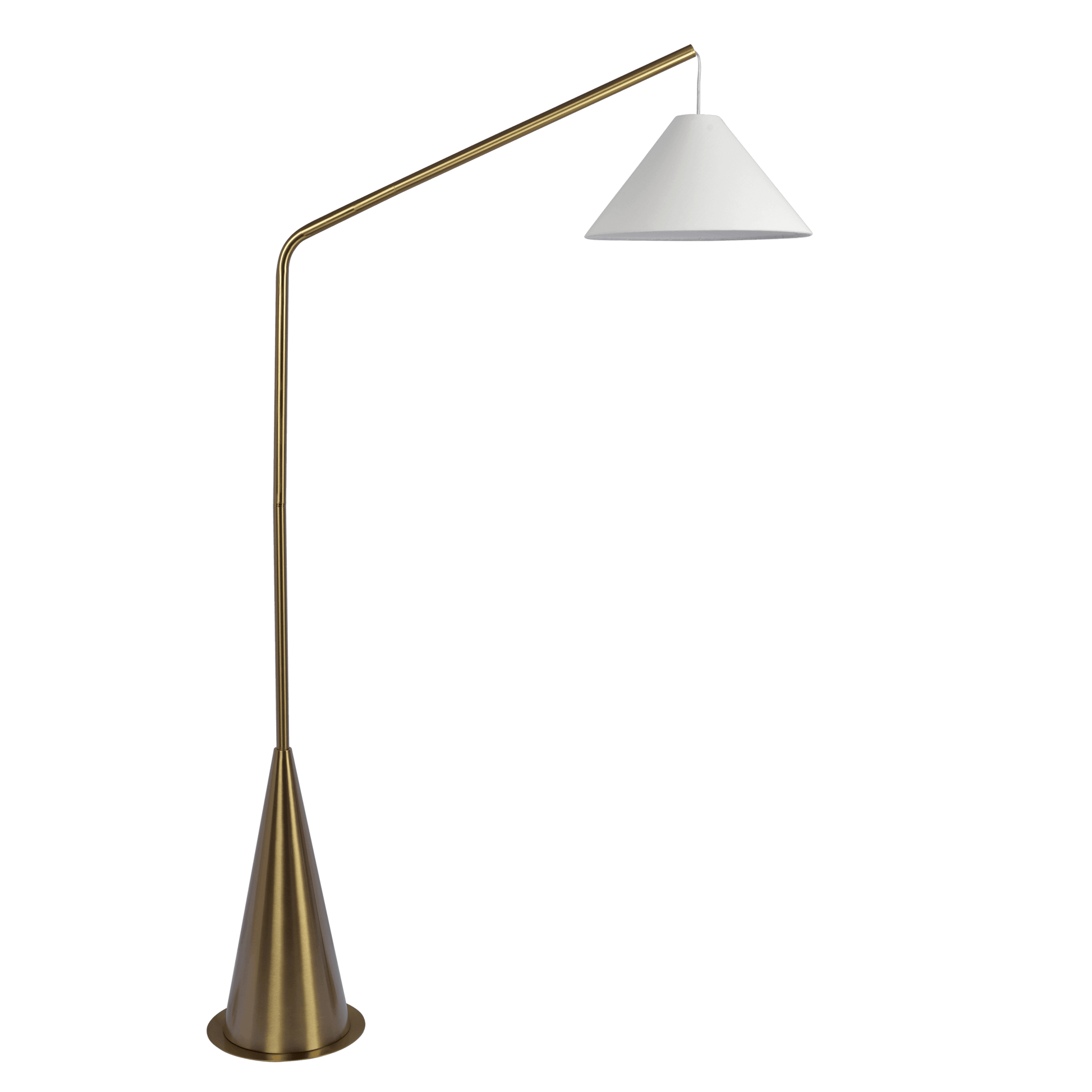 Minimalist brass arc floor lamp with white conical shade ideal for living rooms