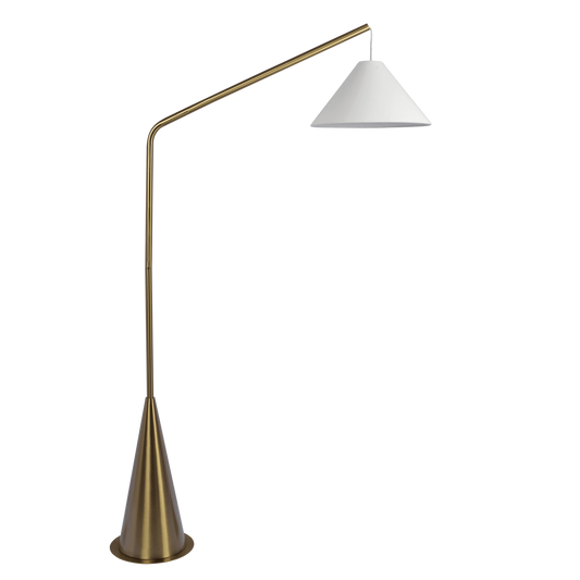 Minimalist brass arc floor lamp with white conical shade ideal for living rooms