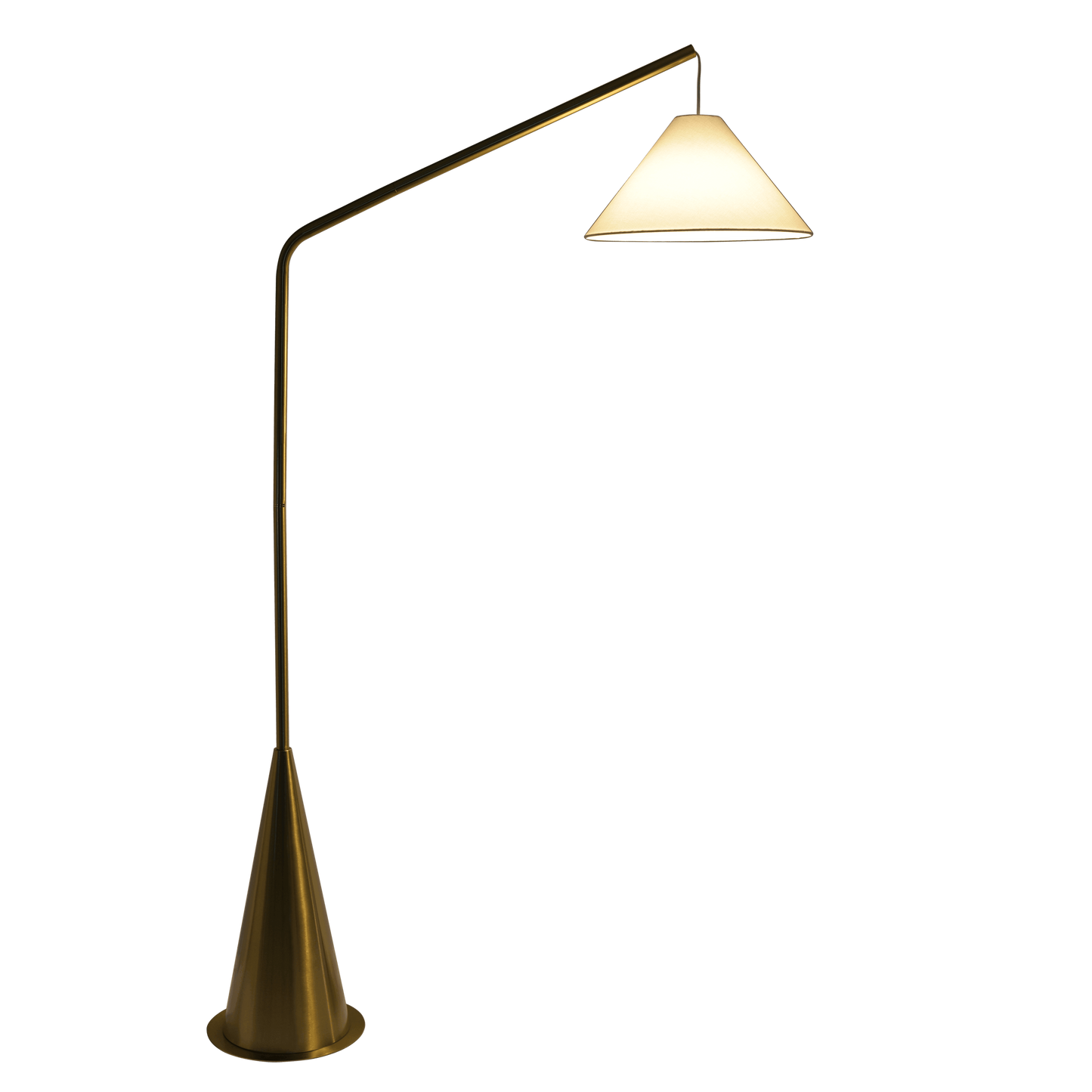 Modern brass arc floor lamp with conical base and cream shade