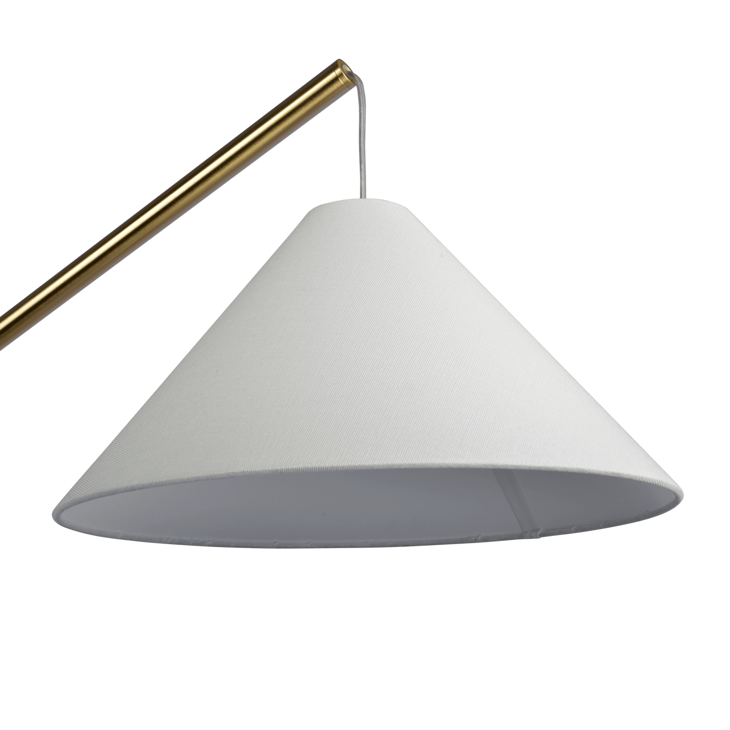 Closeup of a coneshaped white fabric lampshade with a brushed gold metal arm and cord