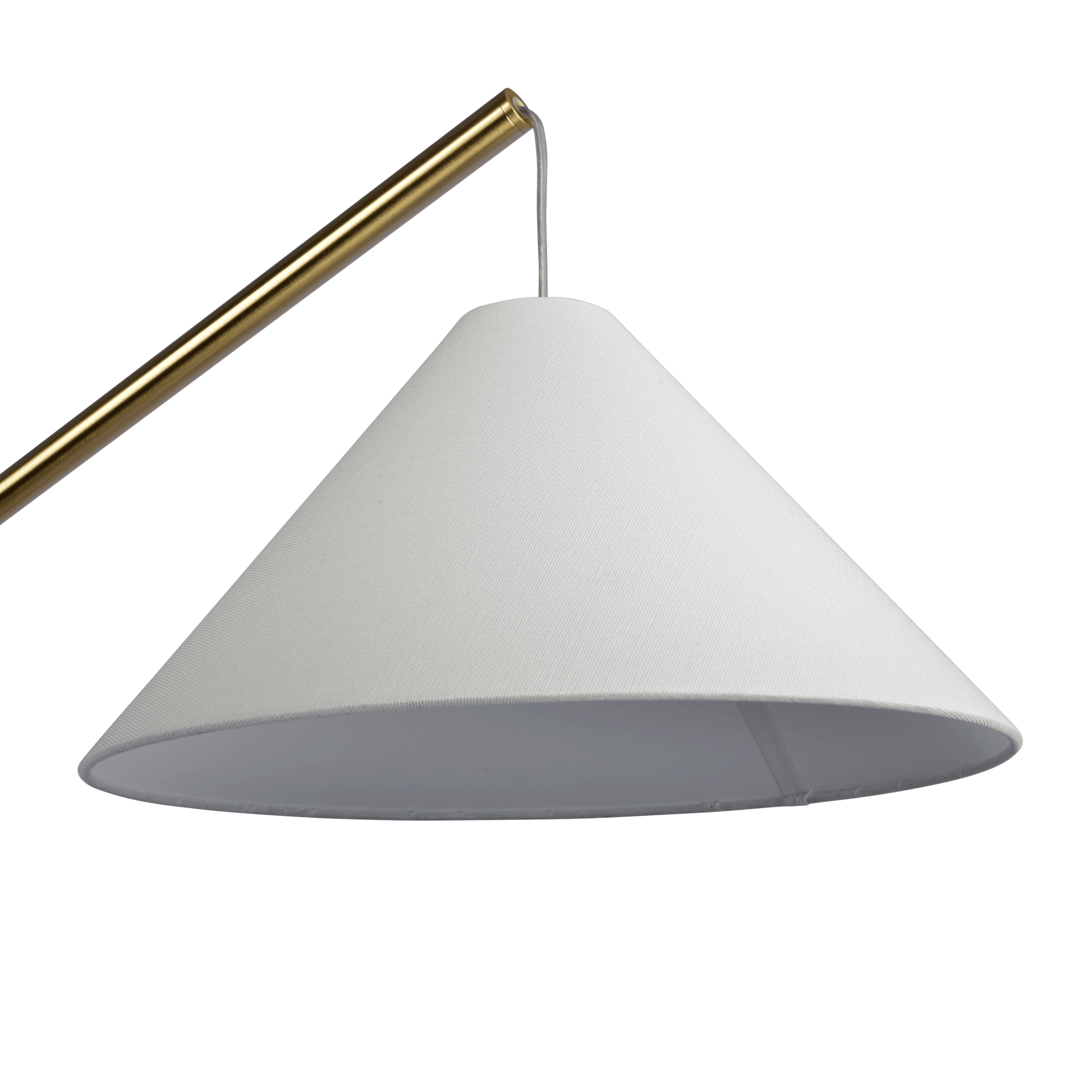 Closeup of a coneshaped white fabric lampshade with a brushed gold metal arm and cord
