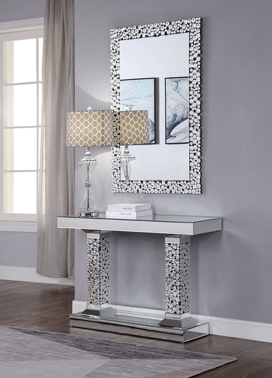 Glamorous mirrored console table with crystal accents perfect for entryway decor