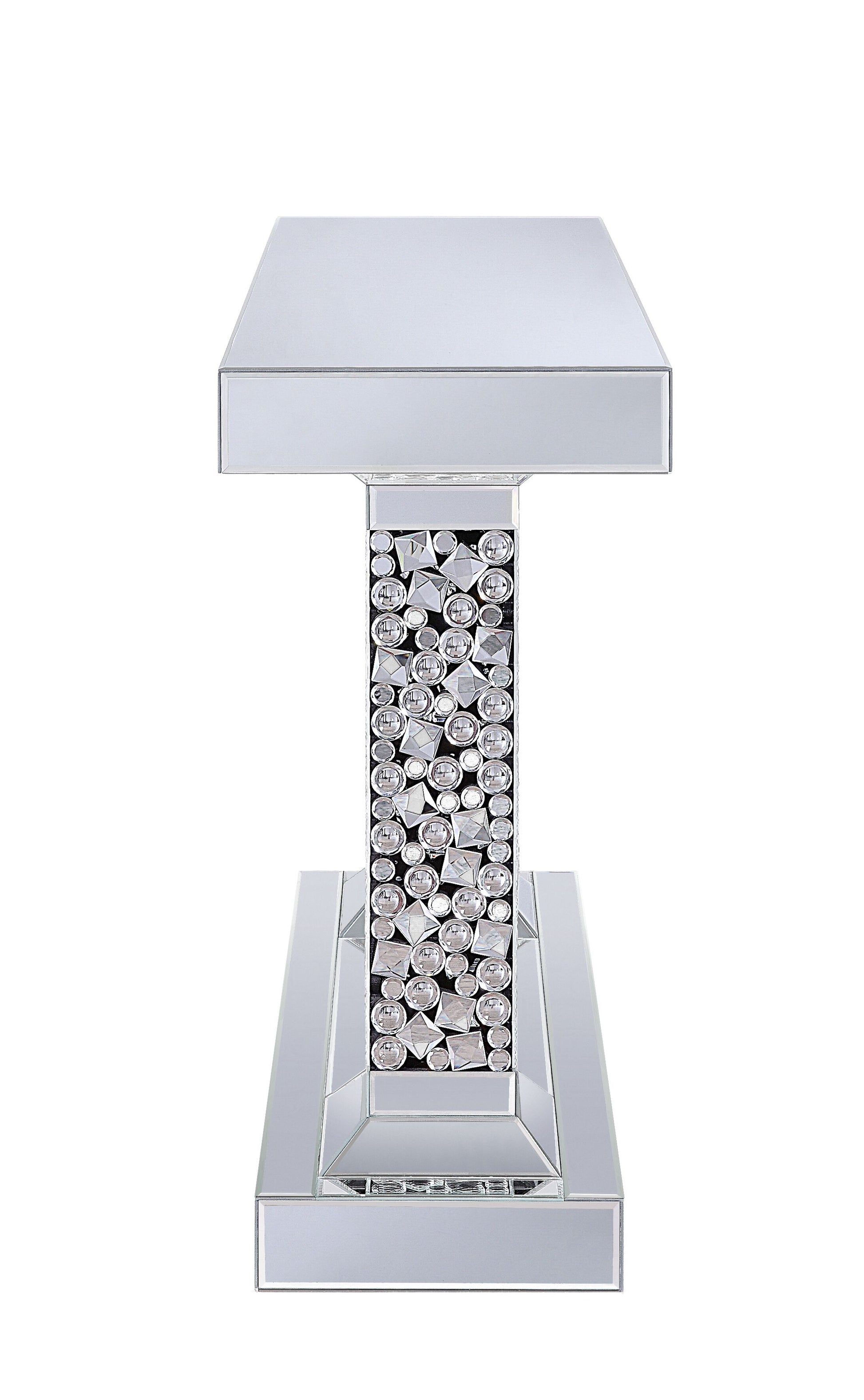 Glamorous mirrored console table with a geometric crystal inlay on the pedestal base