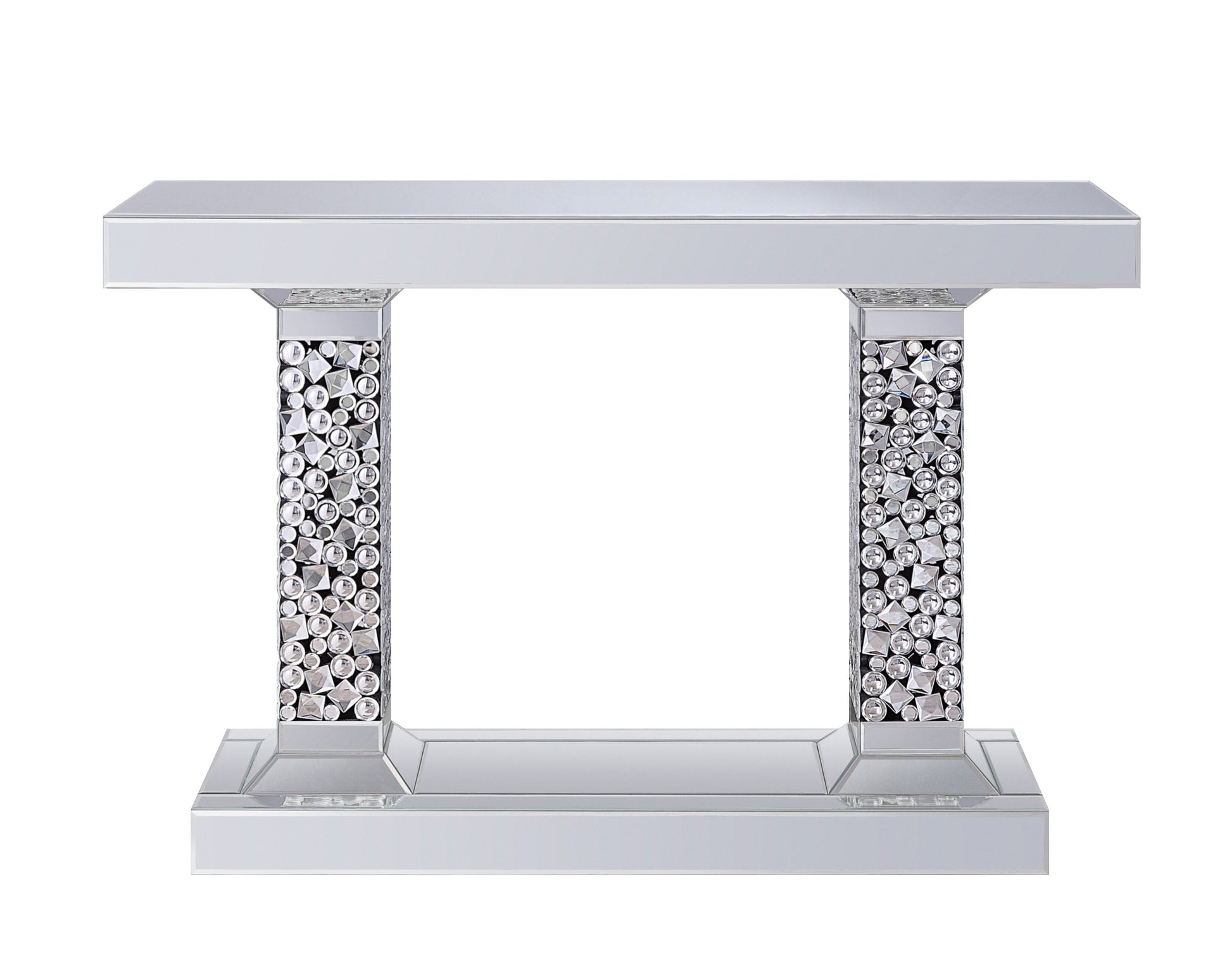 Mirrored console table with crystalencrusted pedestal legs elegant entryway accent