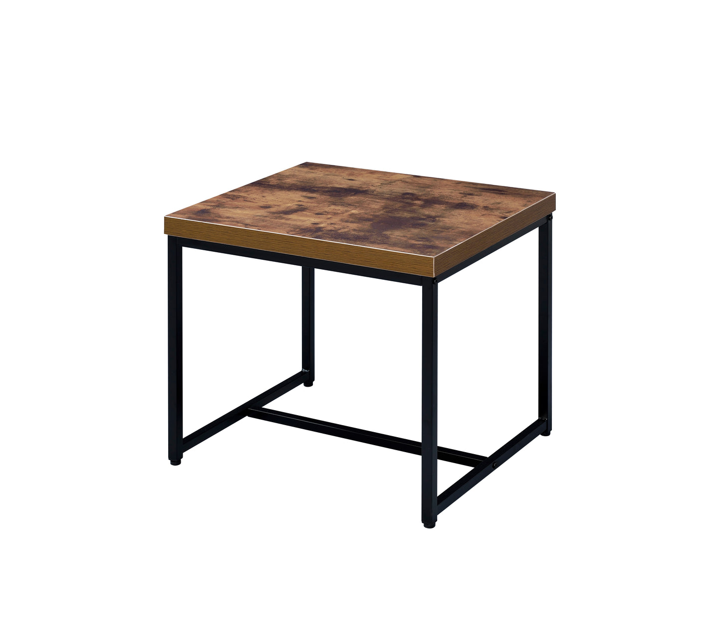 Modern end table with distressed wood top and black metal frame for living room