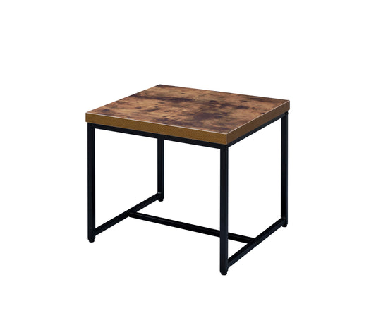 Modern end table with distressed wood top and black metal frame for living room