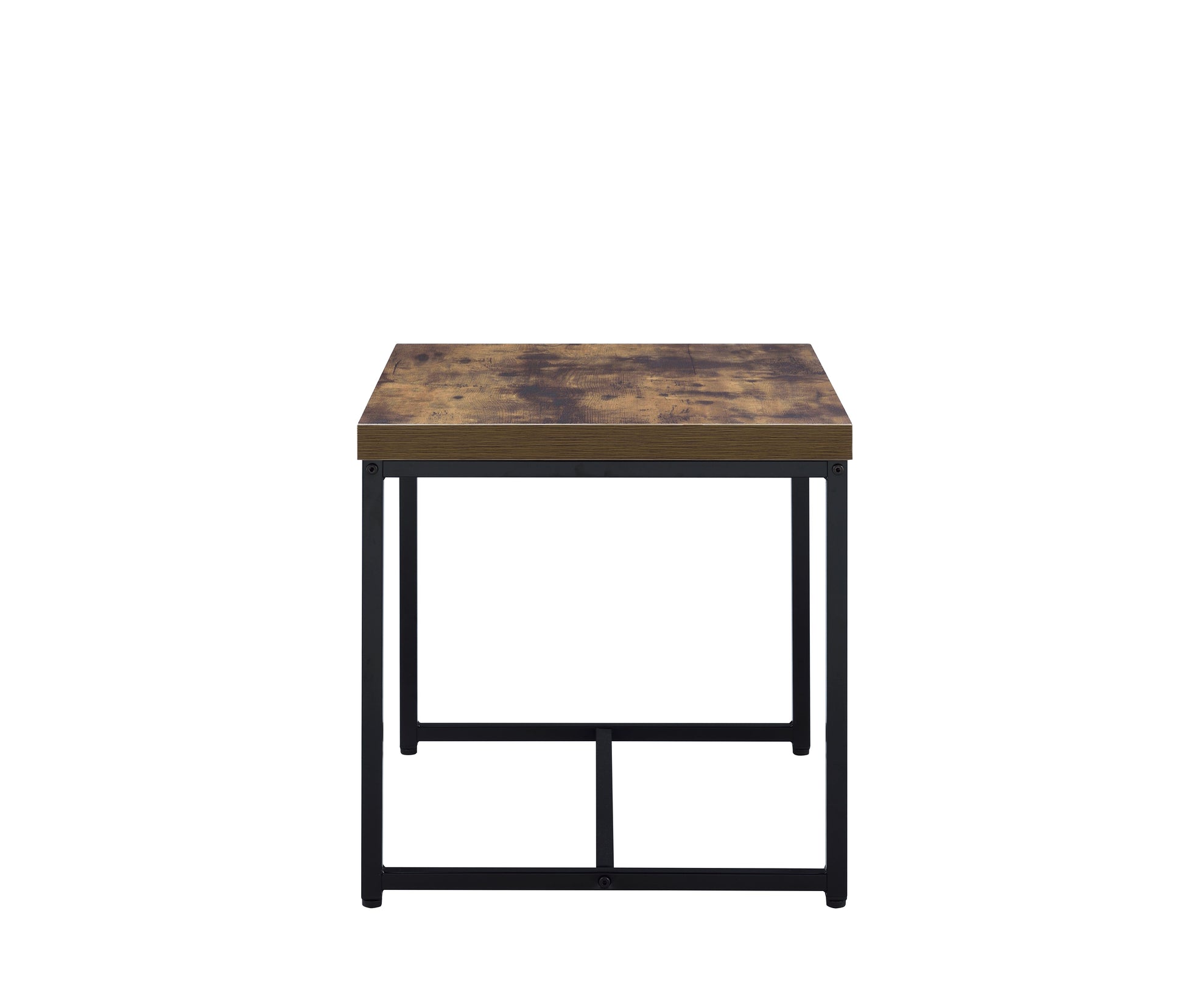 Rustic brown wood top side table with black metal frame for living room accent