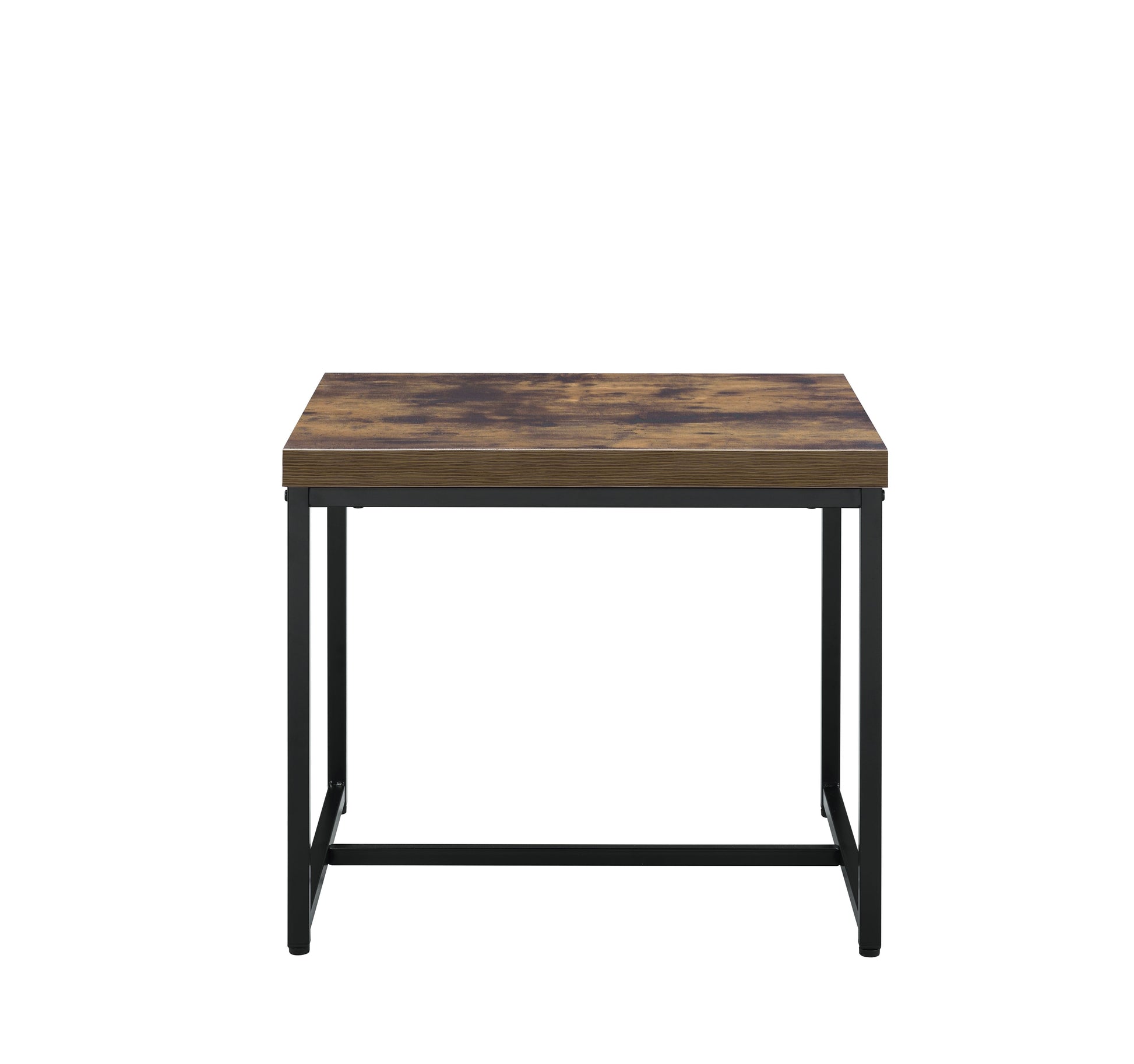 Rustic brown woodgrain top end table with black metal frame perfect for small spaces