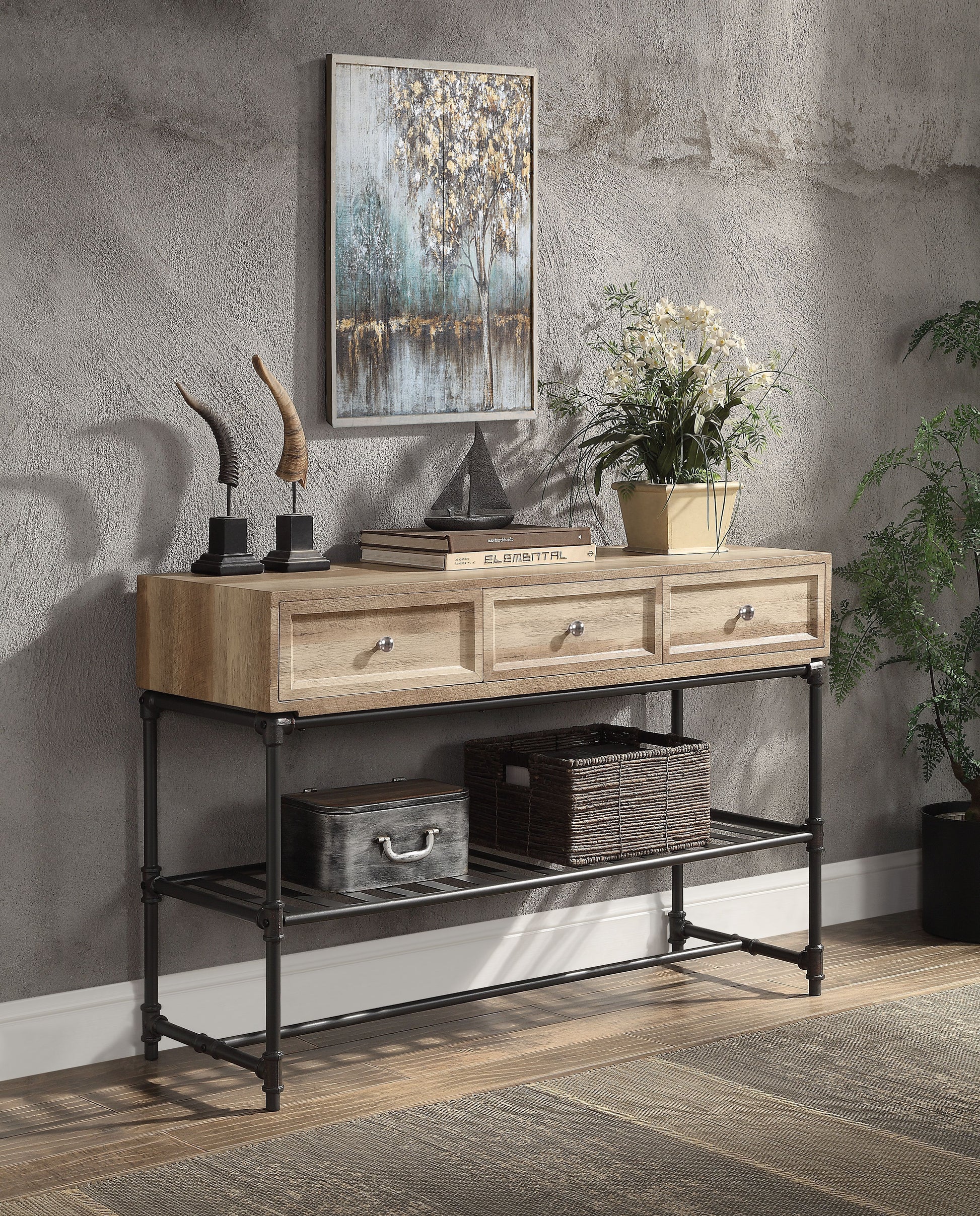 Rustic wood console table with three drawers and black metal pipe legs