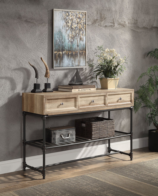 Rustic wood console table with three drawers and black metal pipe legs