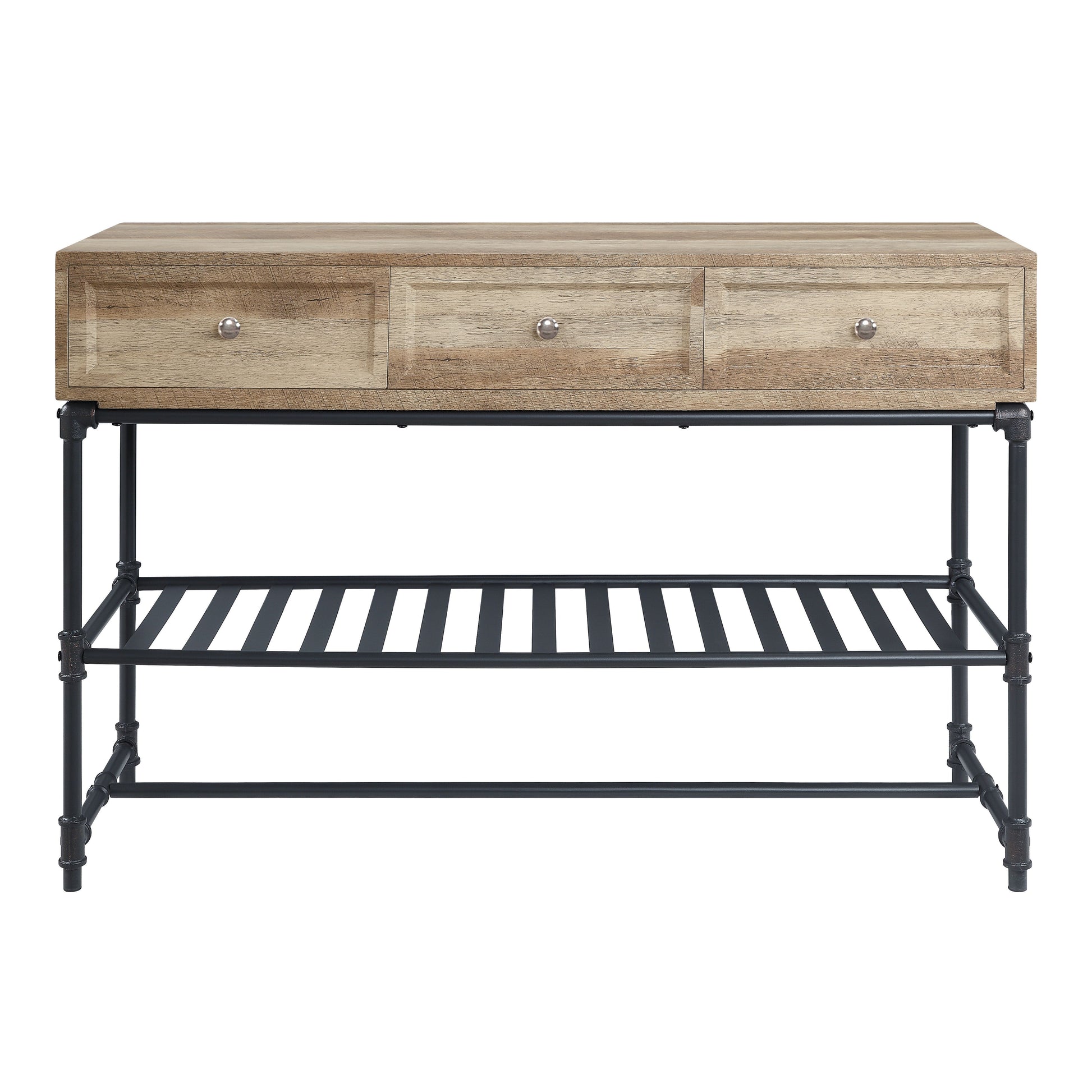 Rustic wood console table with three drawers and metal pipe legs