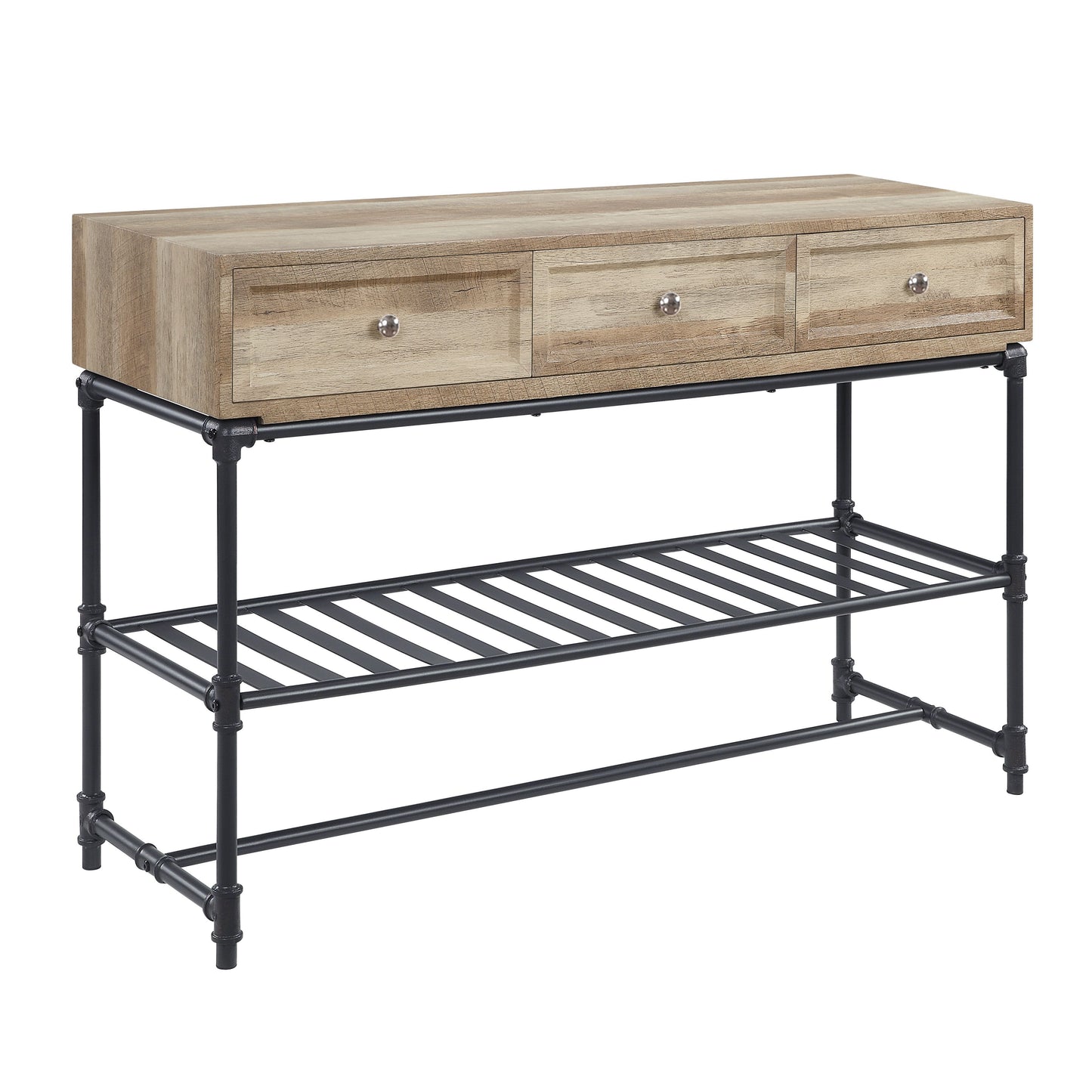Rustic wooden console table with three drawers and black metal pipe frame ideal for entryway decor