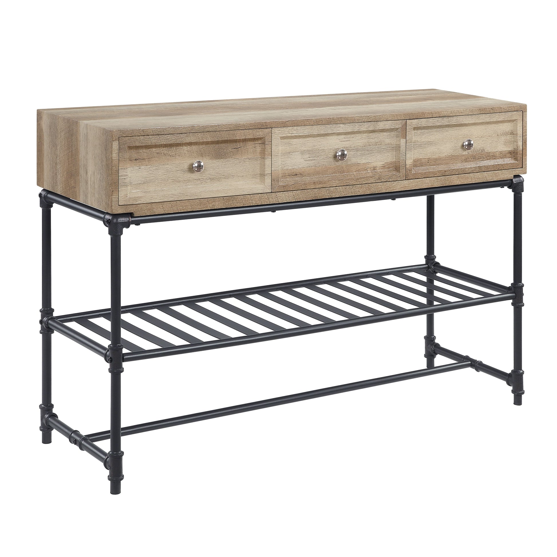 Rustic wooden console table with three drawers and black metal pipe frame ideal for entryway decor