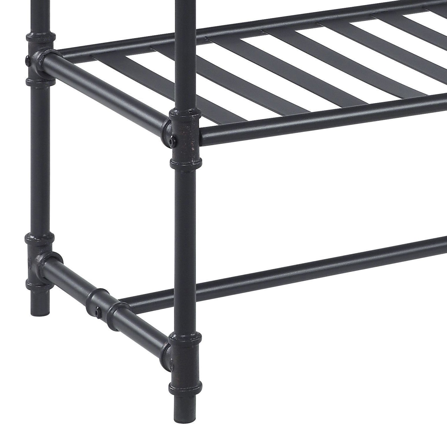Black metal pipe shelving unit with slatted shelves for industrial decor