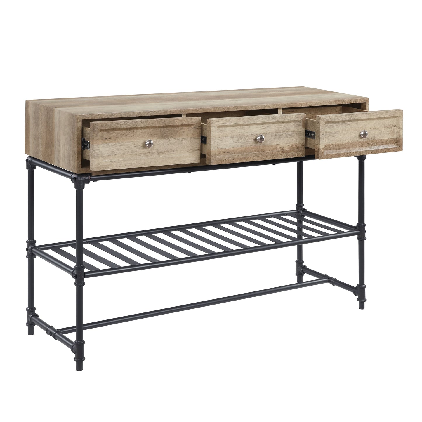Distressed wood console table with three drawers and black metal pipe legs