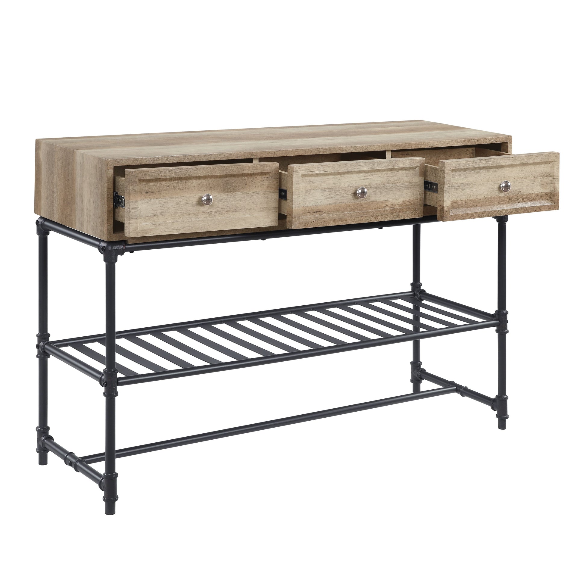 Distressed wood console table with three drawers and black metal pipe legs