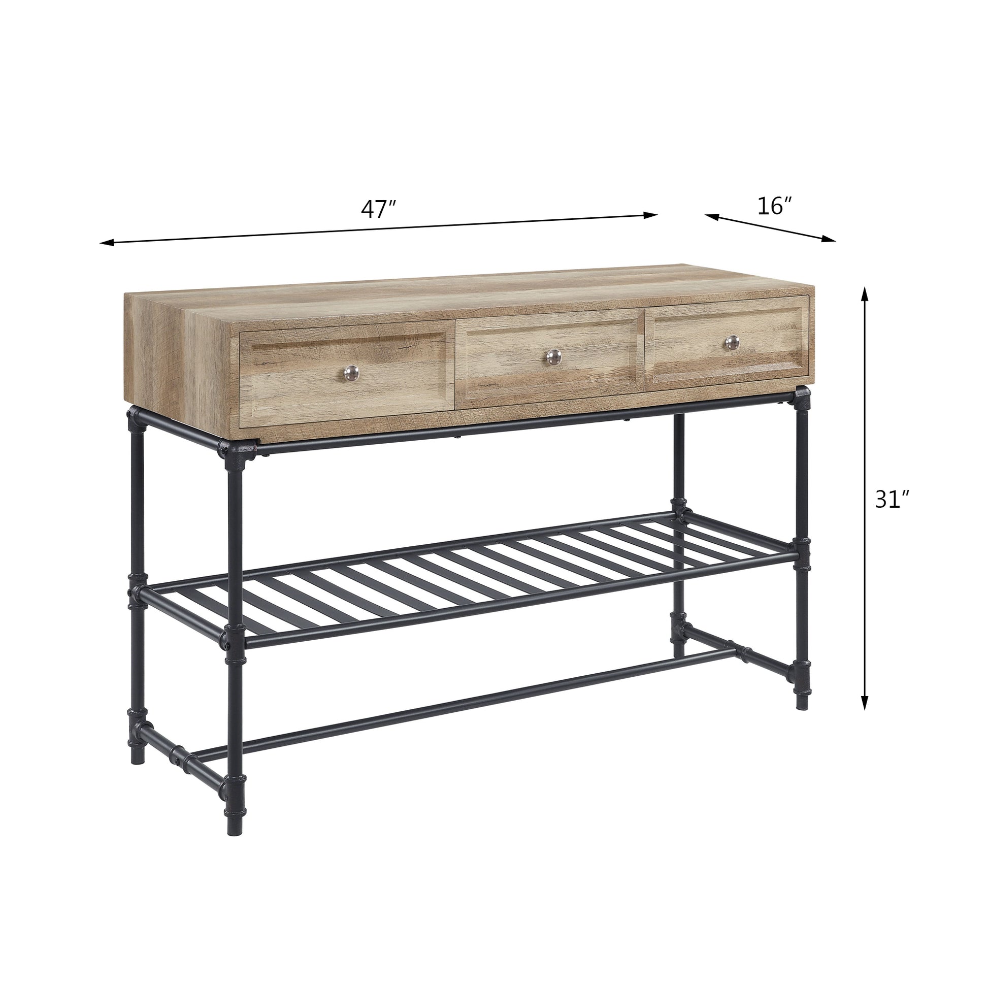 Rustic wood console table with three drawers and metal pipe base shelf