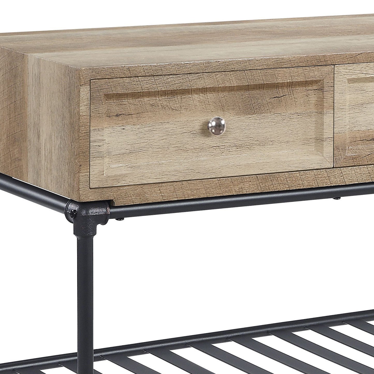 Rustic wooden console table with black metal legs and a single drawer