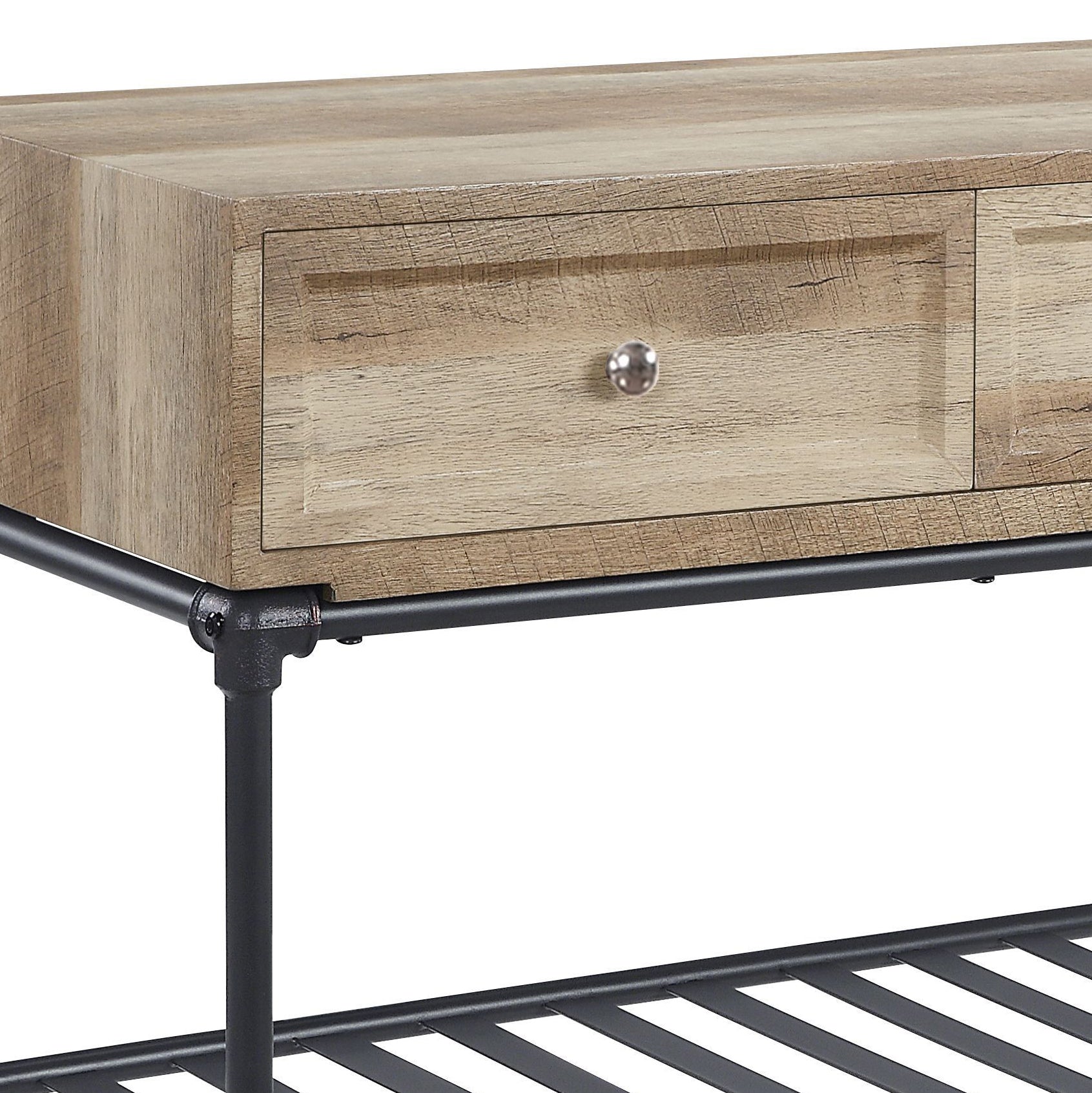 Rustic wooden console table with black metal legs and a single drawer