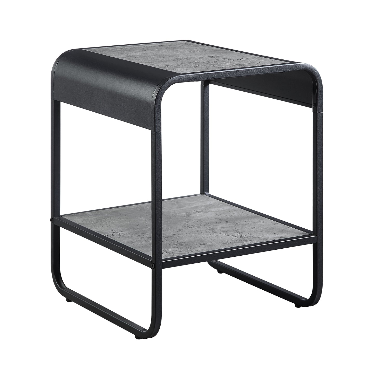 Sleek black metal end table with two grey textured shelves ideal for modern living rooms