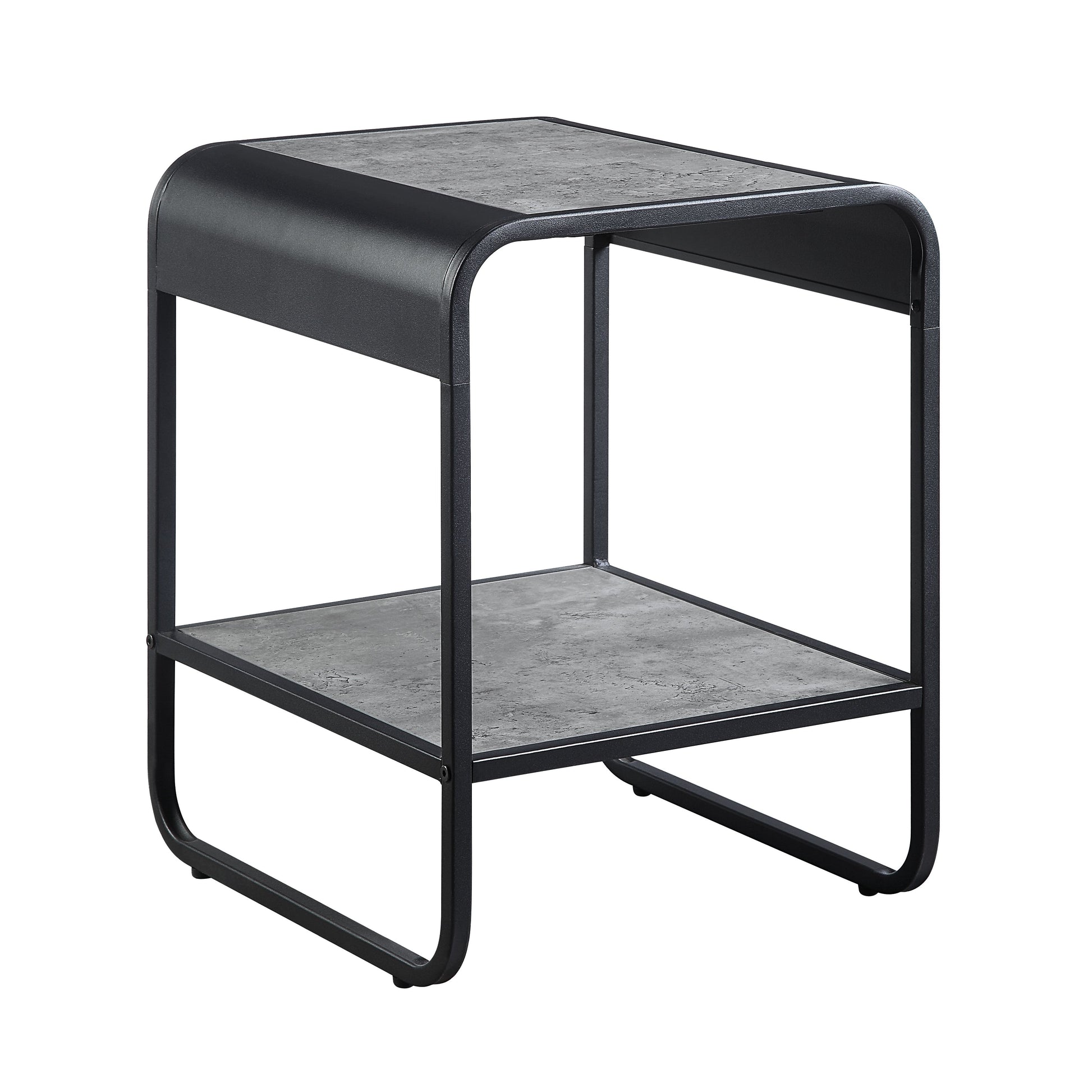 Sleek black metal end table with two grey textured shelves ideal for modern living rooms