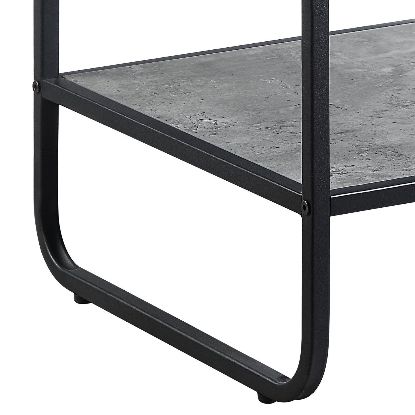 Modern black metal frame with grey faux concrete shelf detail part of an industrial shelving unit