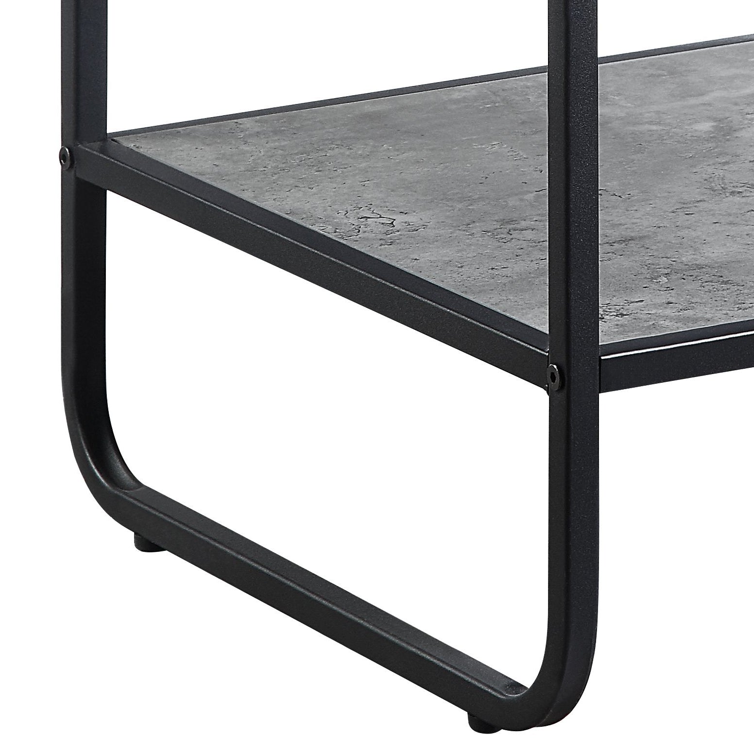 Modern black metal frame with grey faux concrete shelf detail part of an industrial shelving unit
