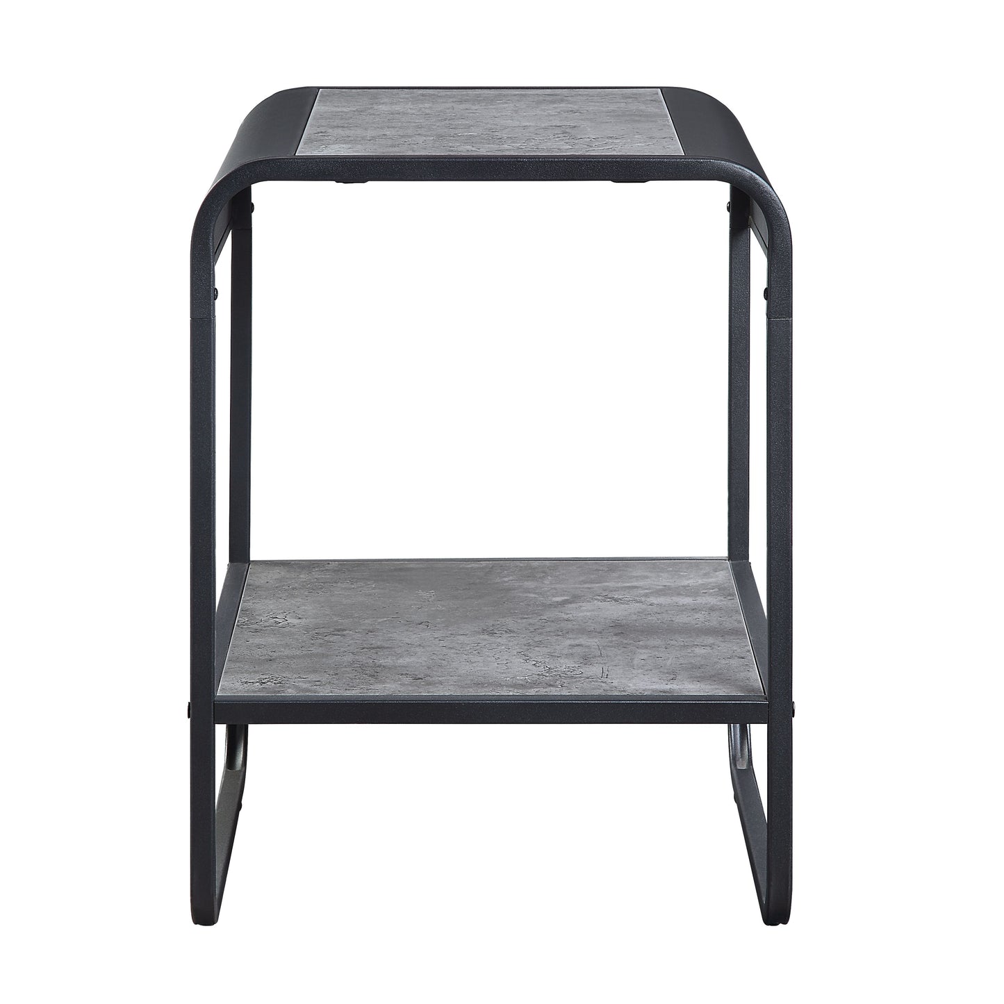 Modern twotier end table with matte black metal frame and gray slatelook composite shelves