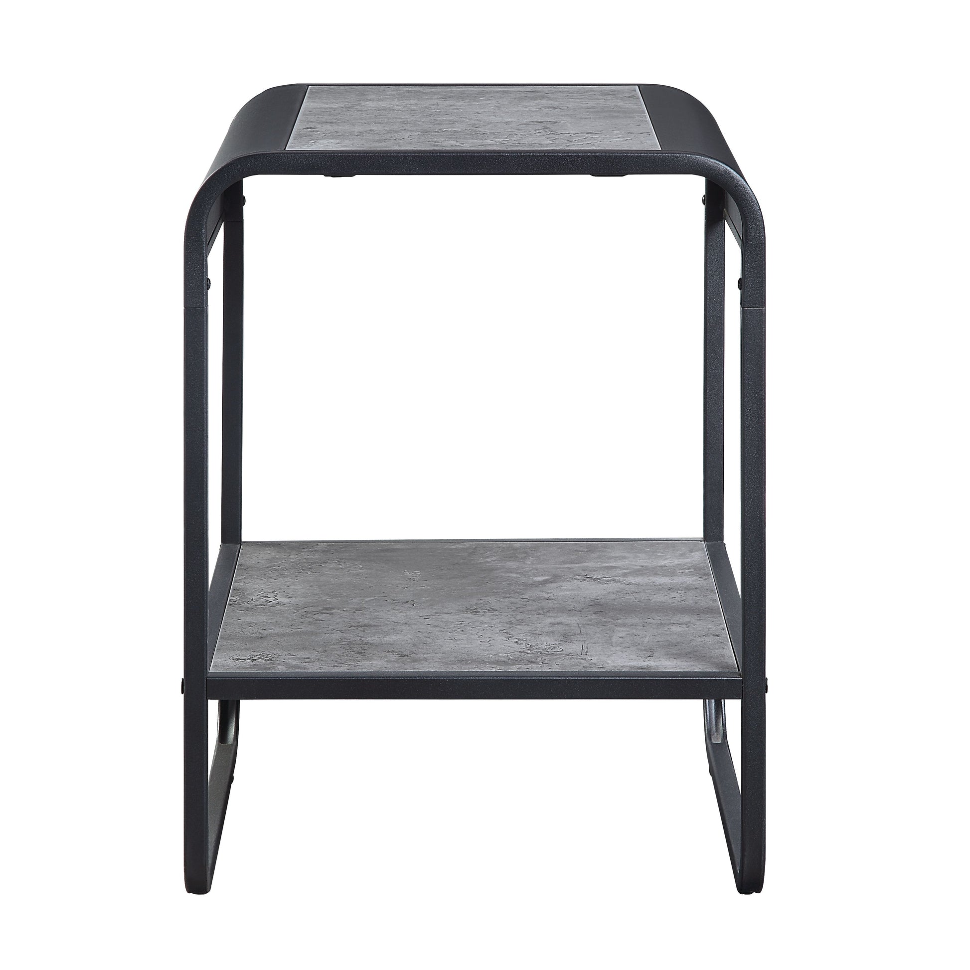 Modern twotier end table with matte black metal frame and gray slatelook composite shelves