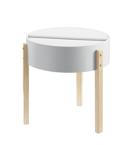 Modern white round accent table with light wood legs