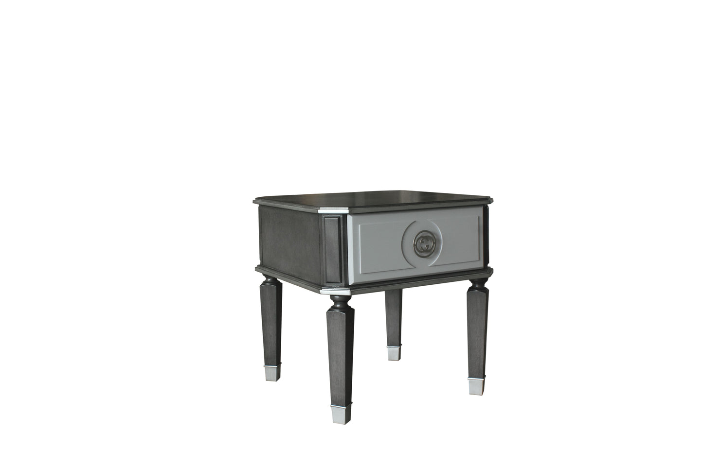 Dark gray modern accent table with a silver drawer front and metal leg caps