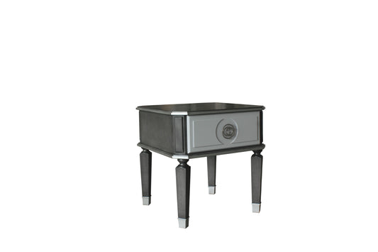 Dark gray modern accent table with a silver drawer front and metal leg caps