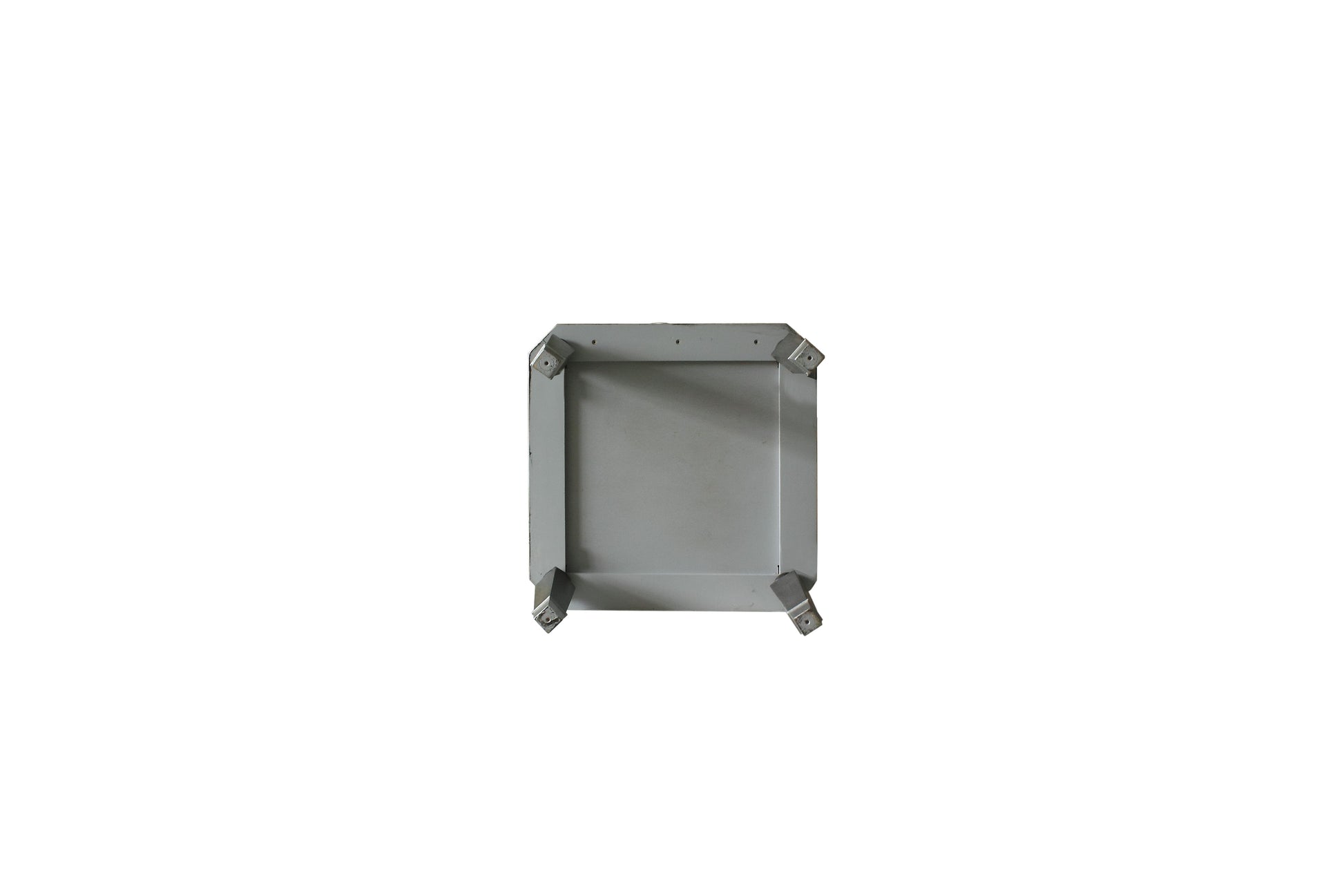 Gray metal industrial table leg with reinforced corner brackets