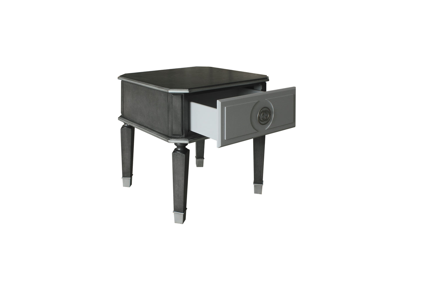 Dark gray wood end table with a single open drawer and silver accents on legs