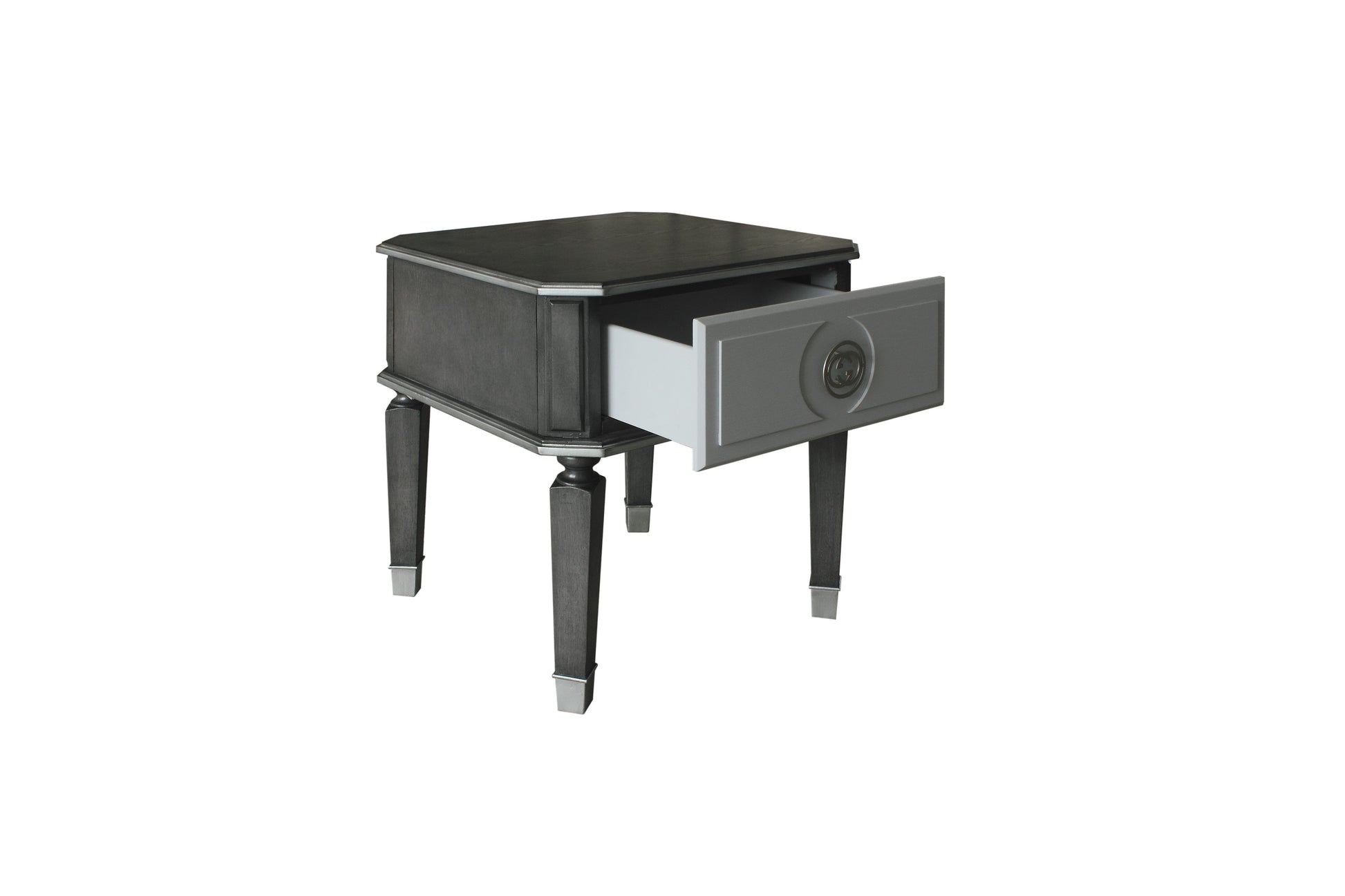 Dark gray wood end table with a single open drawer and silver accents on legs