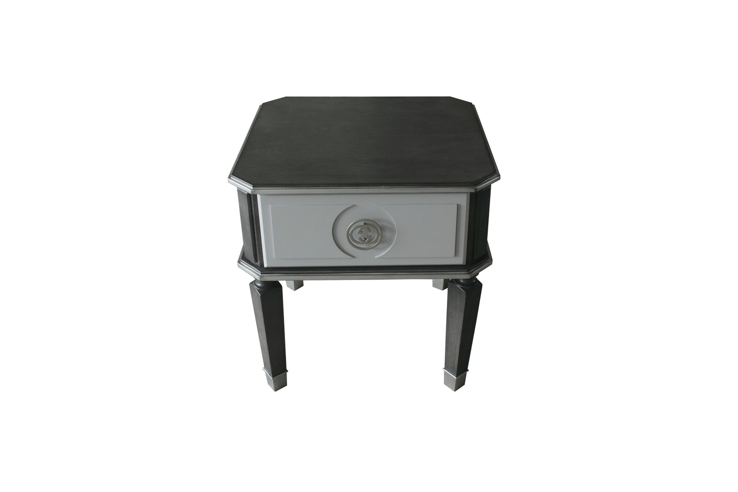 Black and white octagonal nightstand with silver drawer pull accent