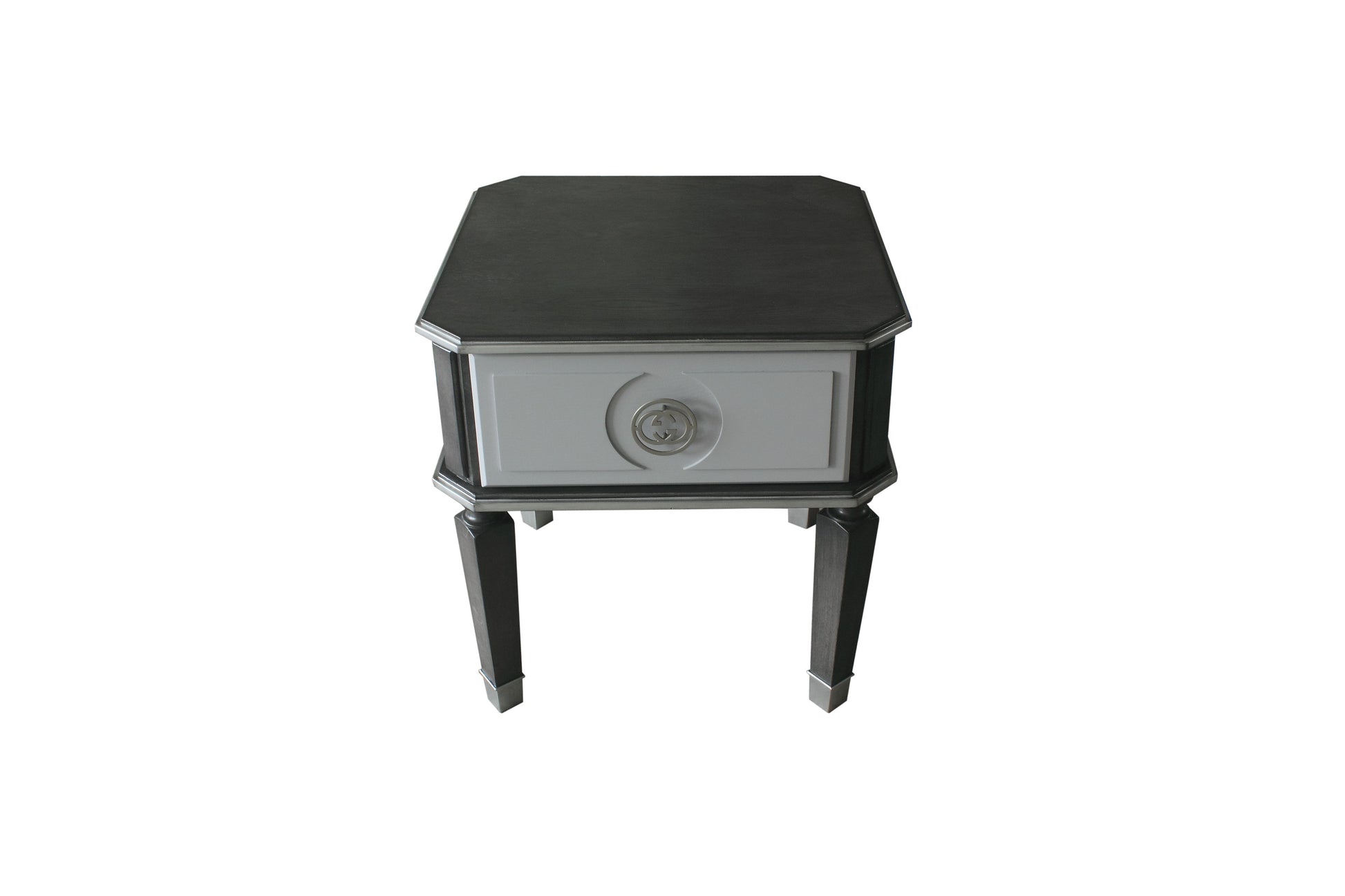 Black and white octagonal nightstand with silver drawer pull accent