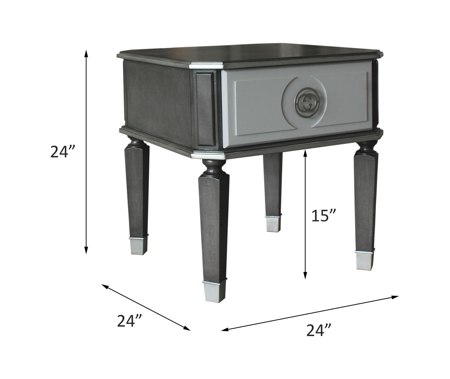 Dark grey wooden end table with silver trim and a grey drawer