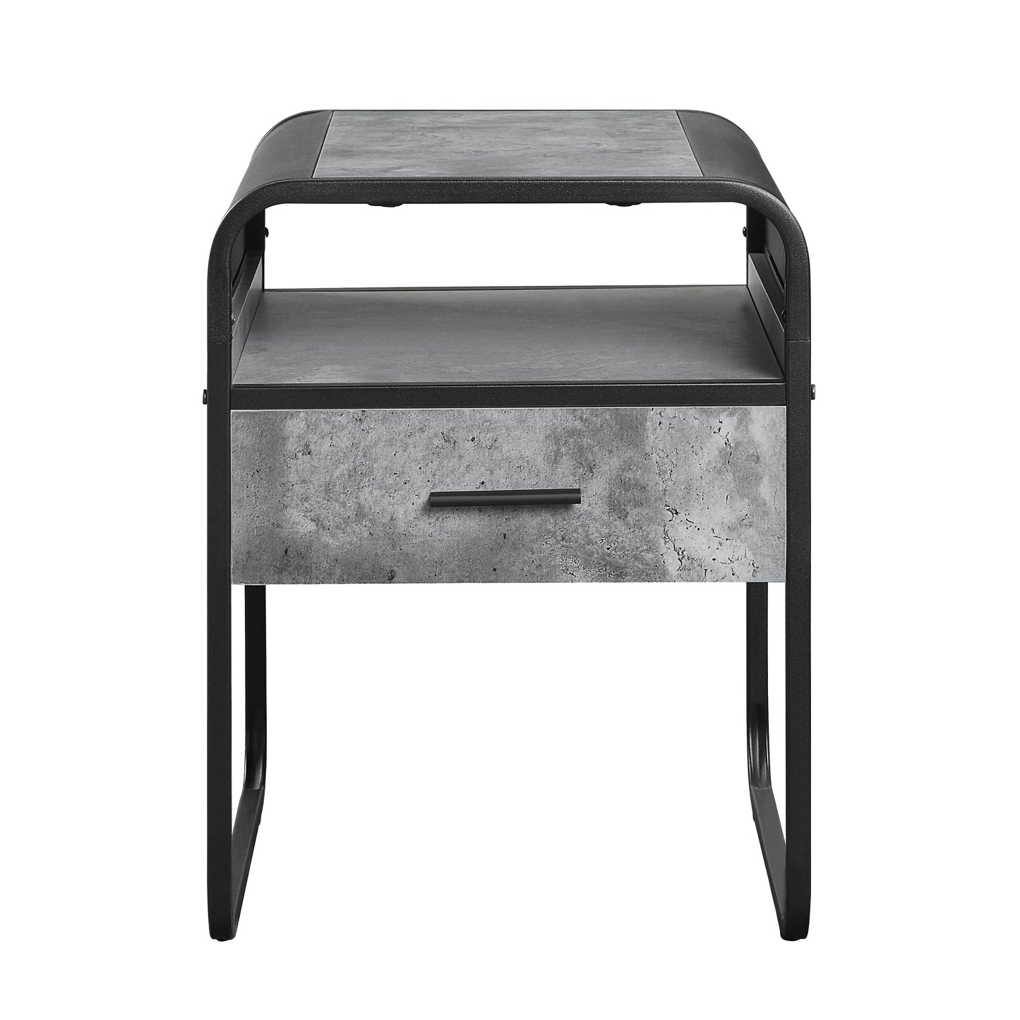 Industrial style nightstand with concretelook drawer and black metal frame