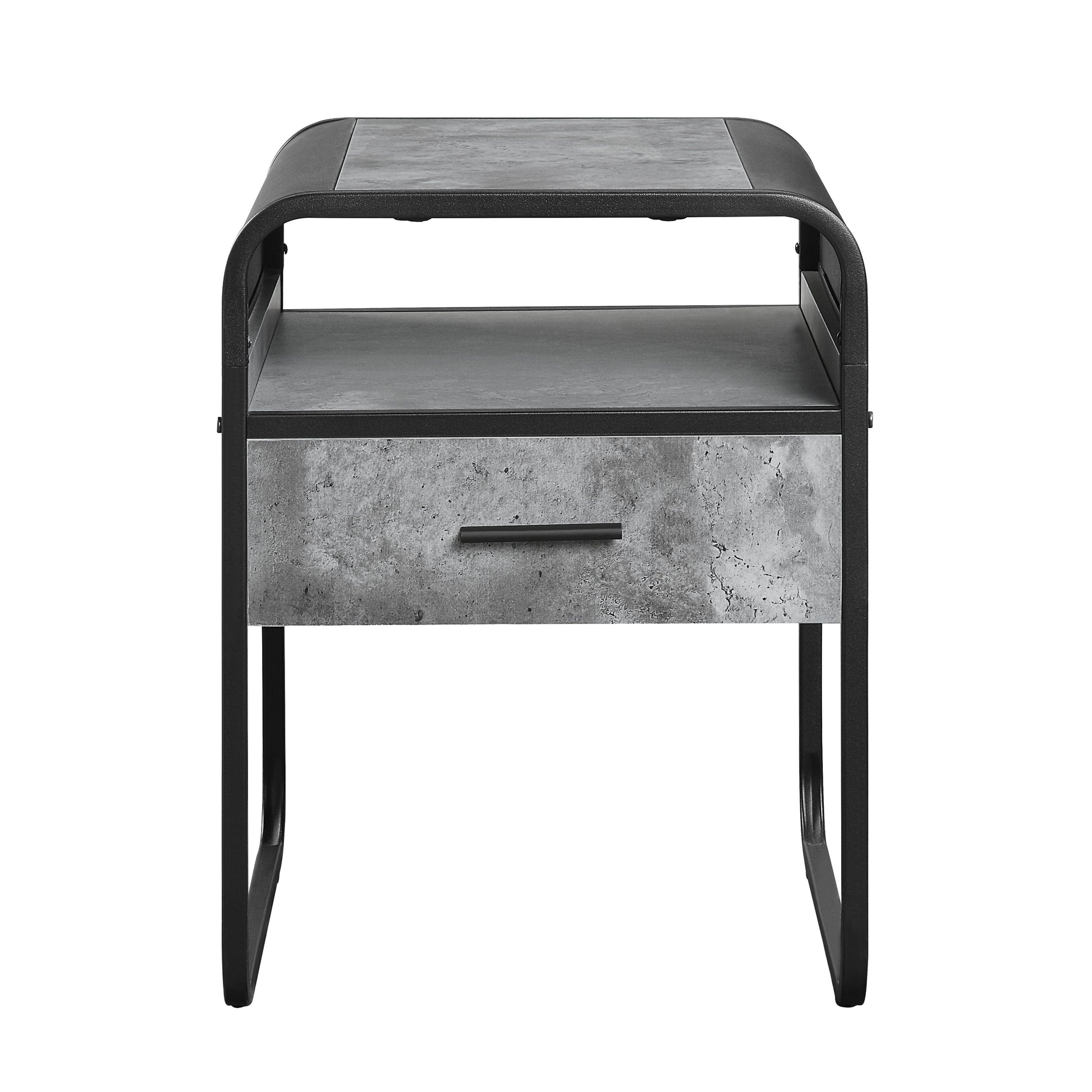 Industrial style nightstand with concretelook drawer and black metal frame